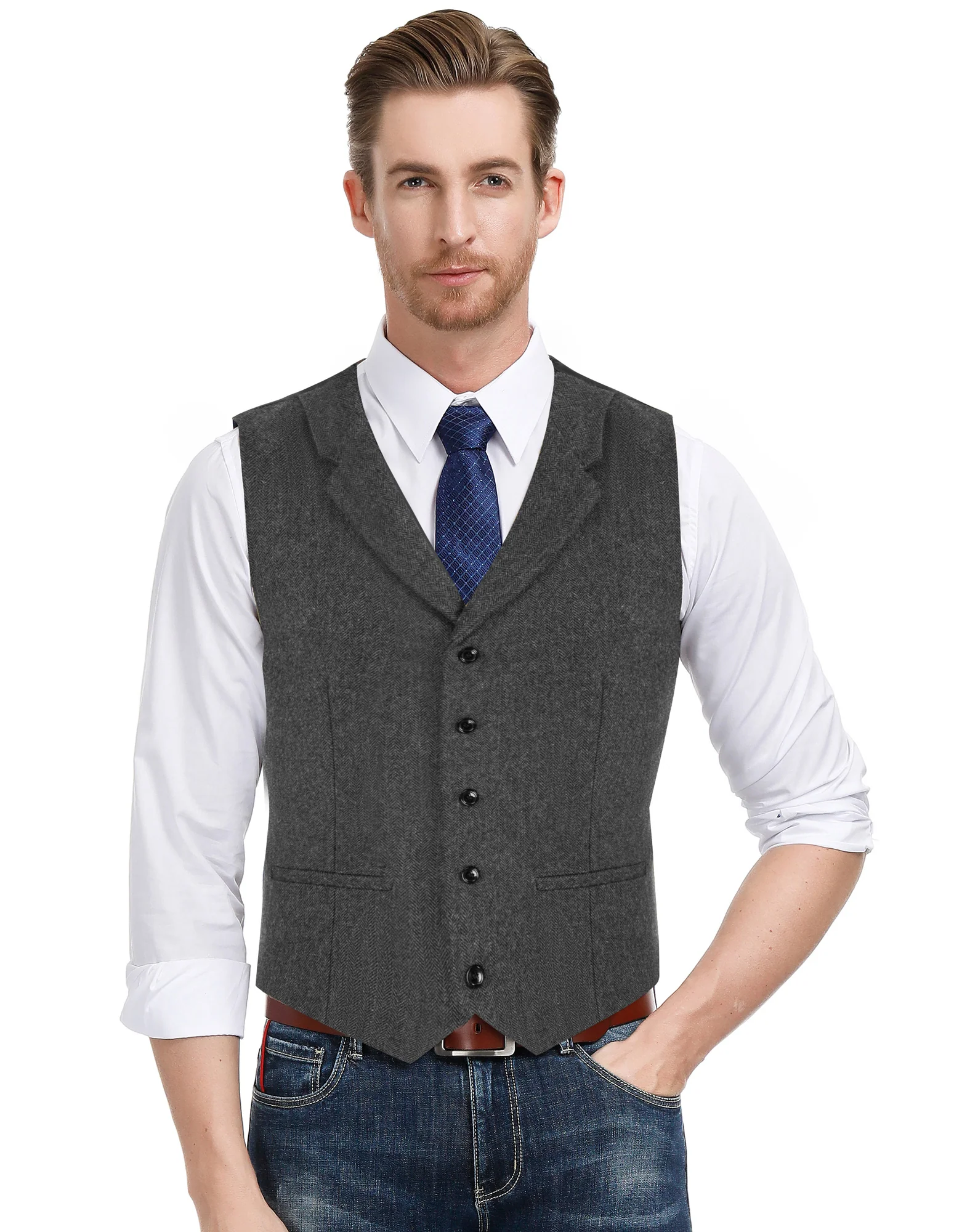 Mens Western Herringbone Suit Vest Tweed Wool Blend Slim Fit Waistcoat - Image 14