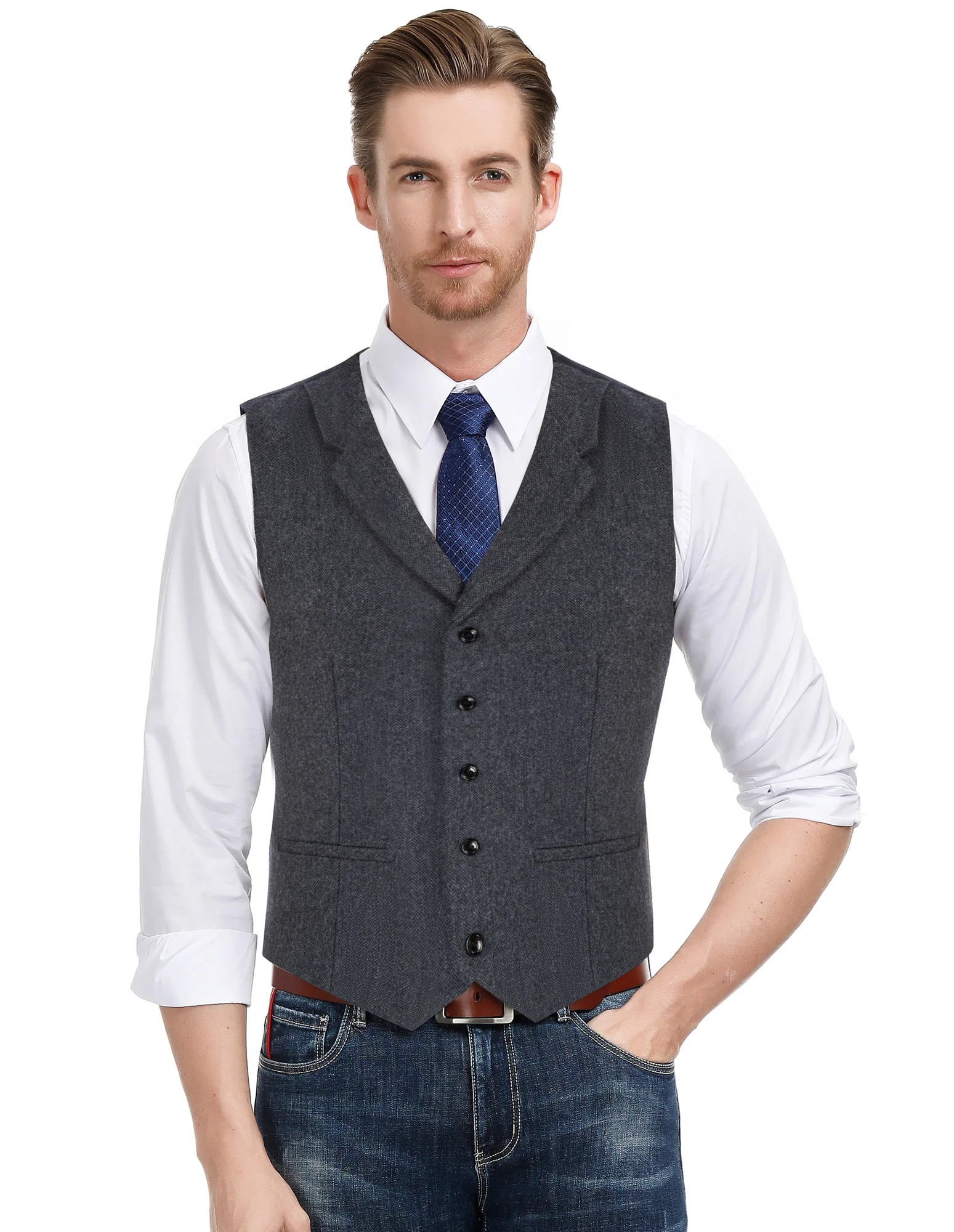 Mens Western Herringbone Suit Vest Tweed Wool Blend Slim Fit Waistcoat - Image 20
