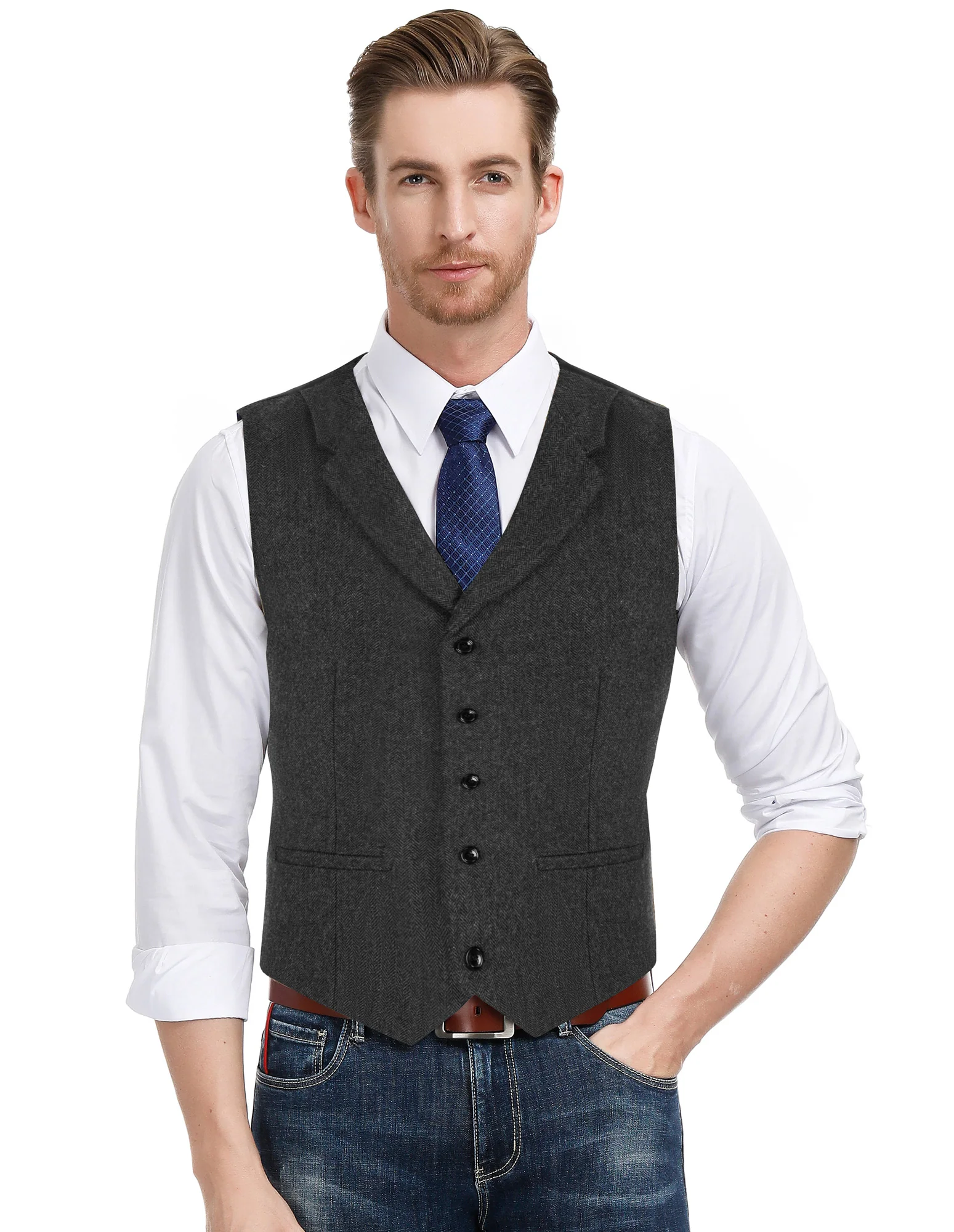 Mens Western Herringbone Suit Vest Tweed Wool Blend Slim Fit Waistcoat - Image 22