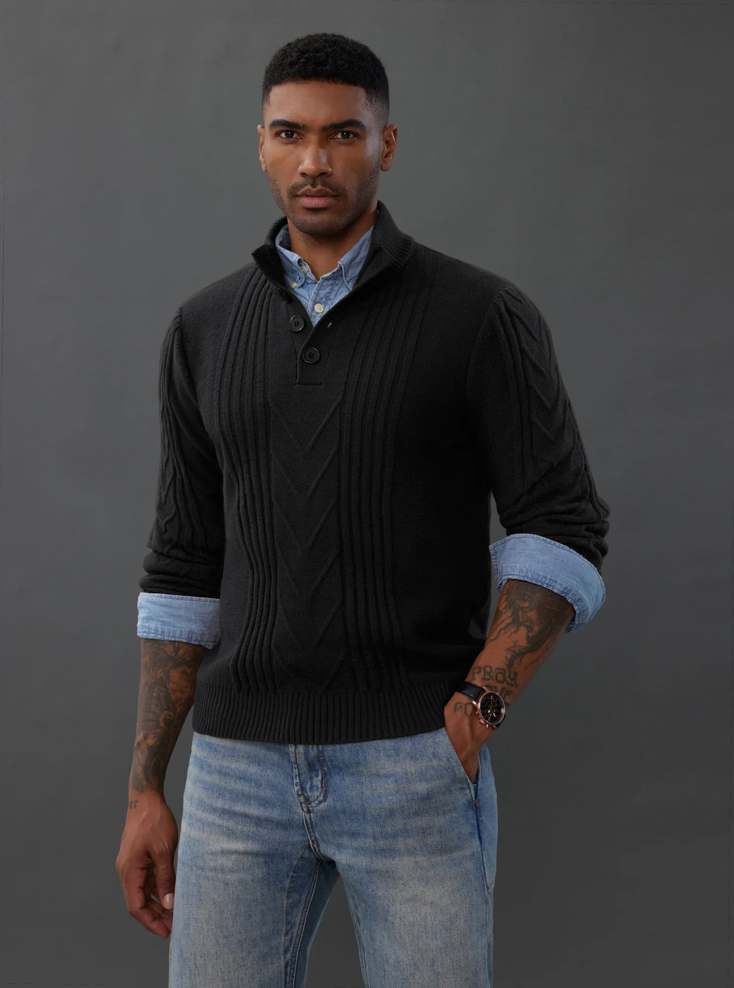 Men's Cable Knit Henley Pullover Sweater Thermal Jumper Sweaters - Image 11