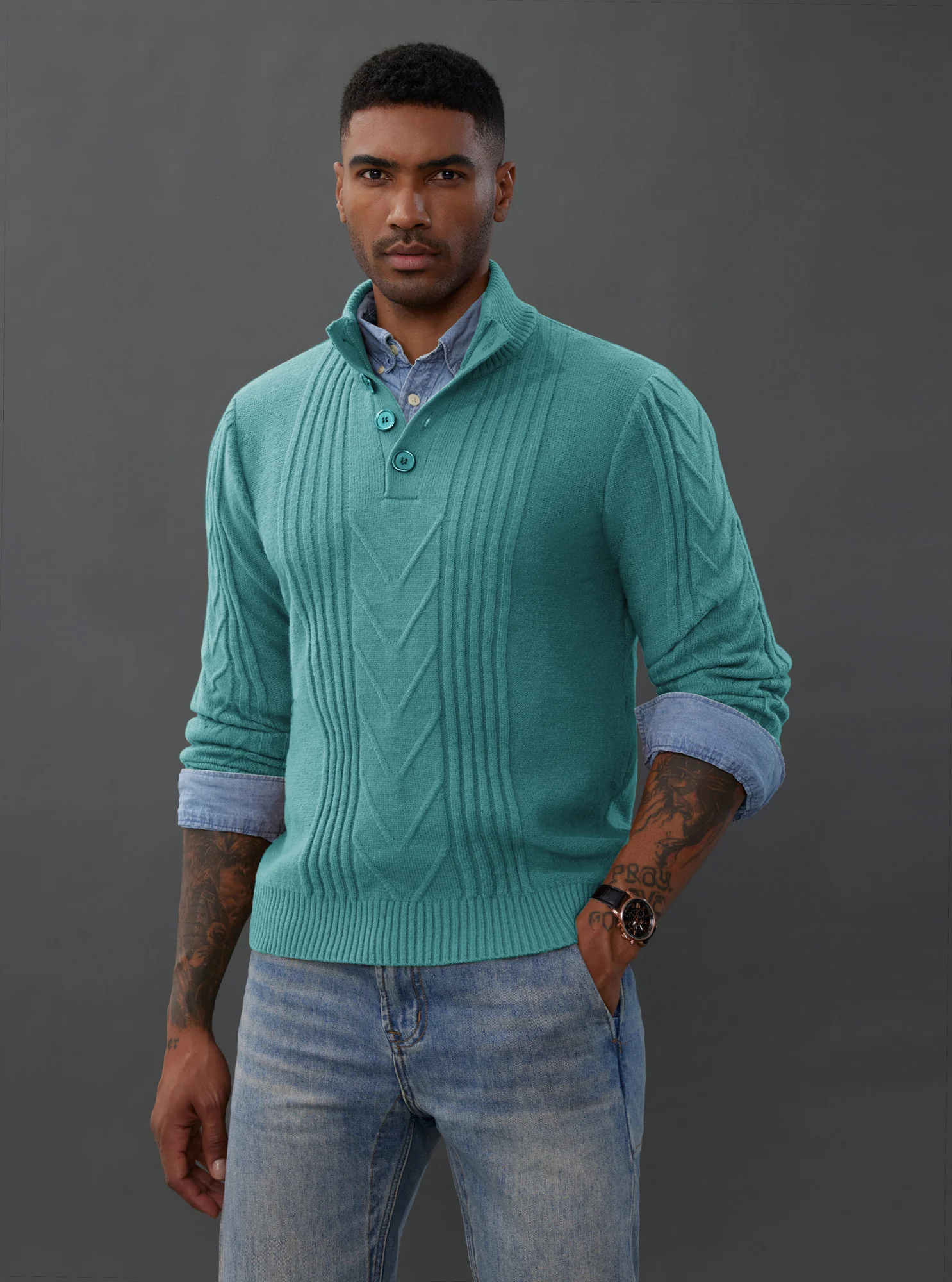 Men's Cable Knit Henley Pullover Sweater Thermal Jumper Sweaters - Image 16