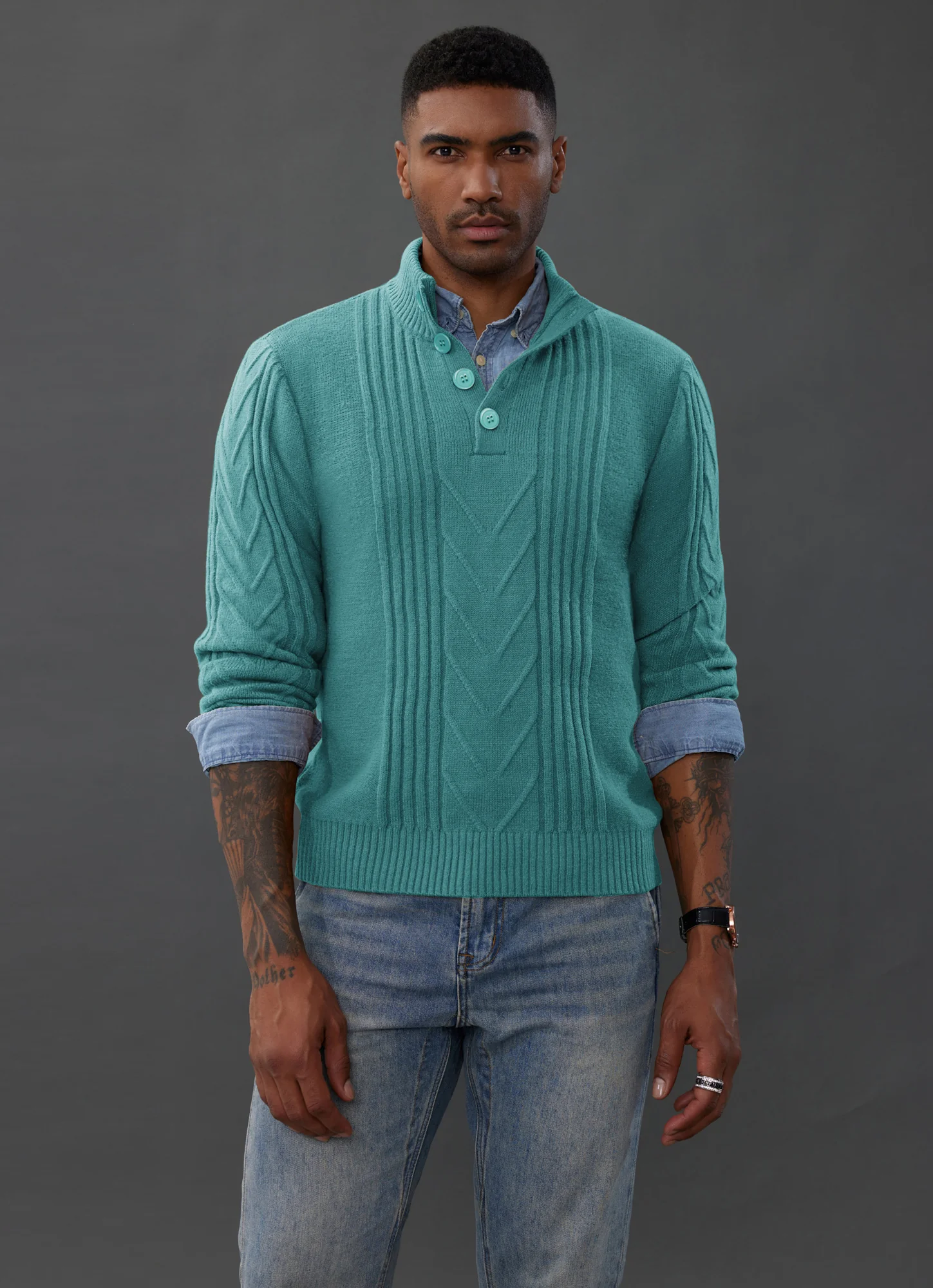 Men's Cable Knit Henley Pullover Sweater Thermal Jumper Sweaters - Image 18