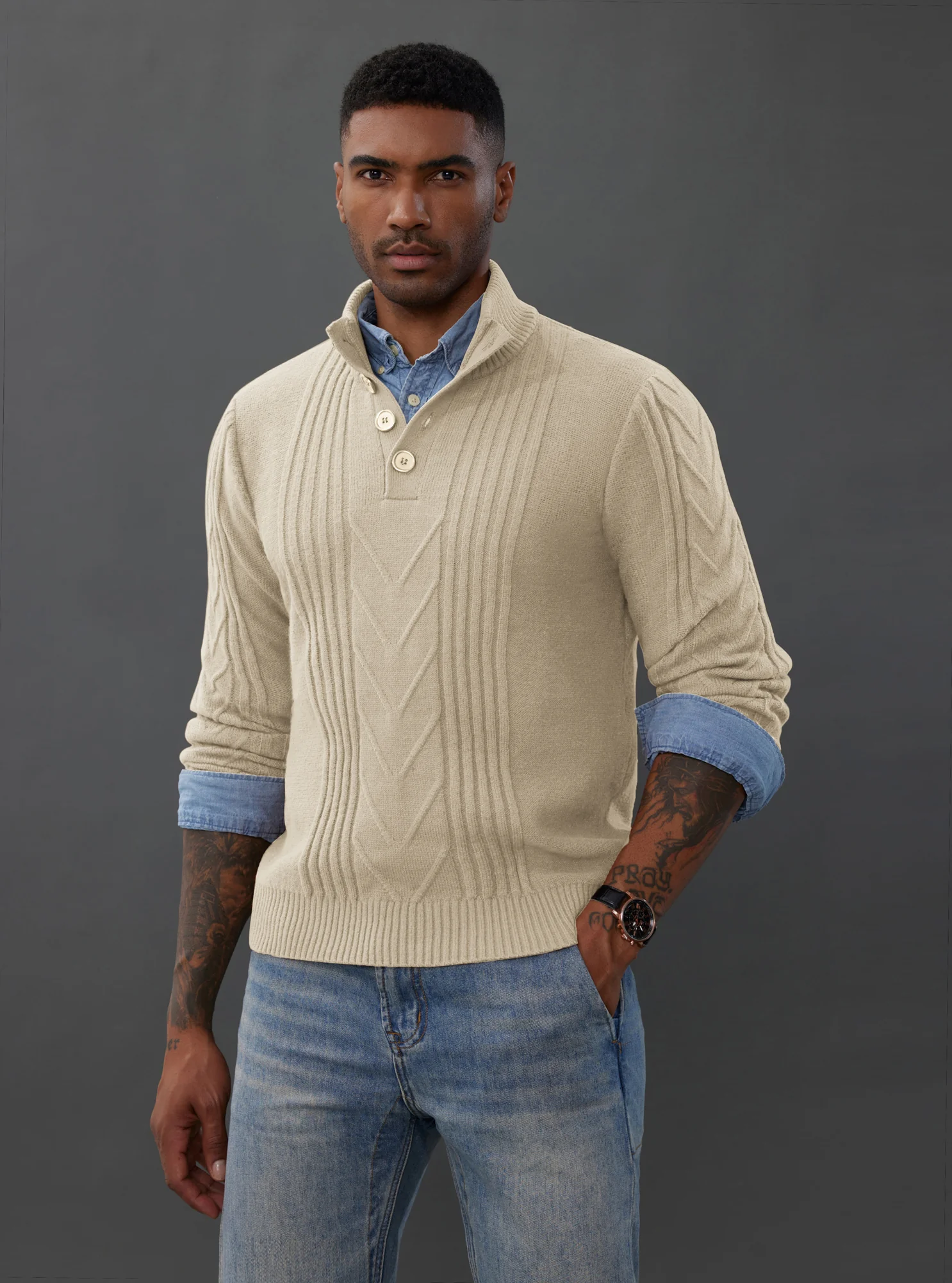 Men's Cable Knit Henley Pullover Sweater Thermal Jumper Sweaters - Image 21