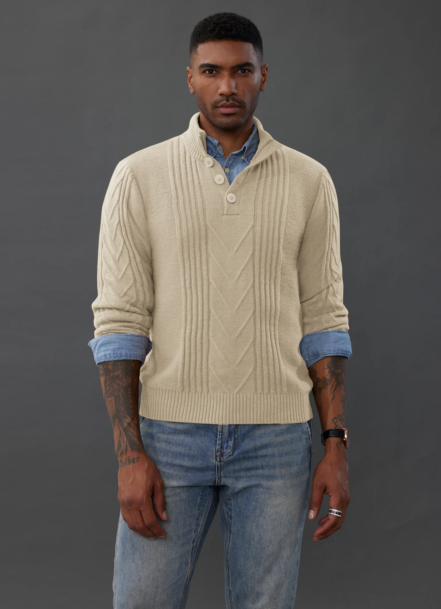 Men's Cable Knit Henley Pullover Sweater Thermal Jumper Sweaters - Image 22