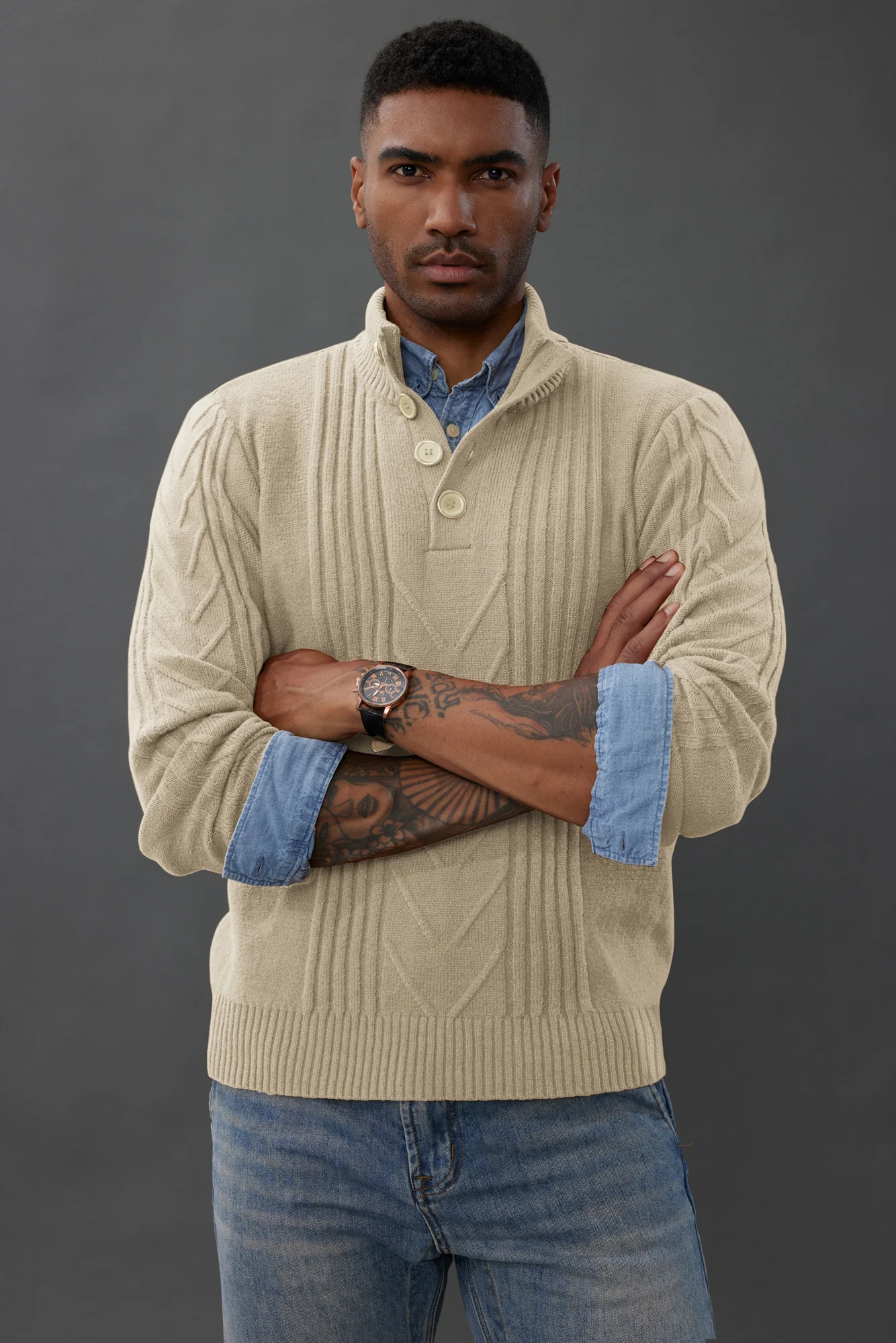 Men's Cable Knit Henley Pullover Sweater Thermal Jumper Sweaters - Image 23