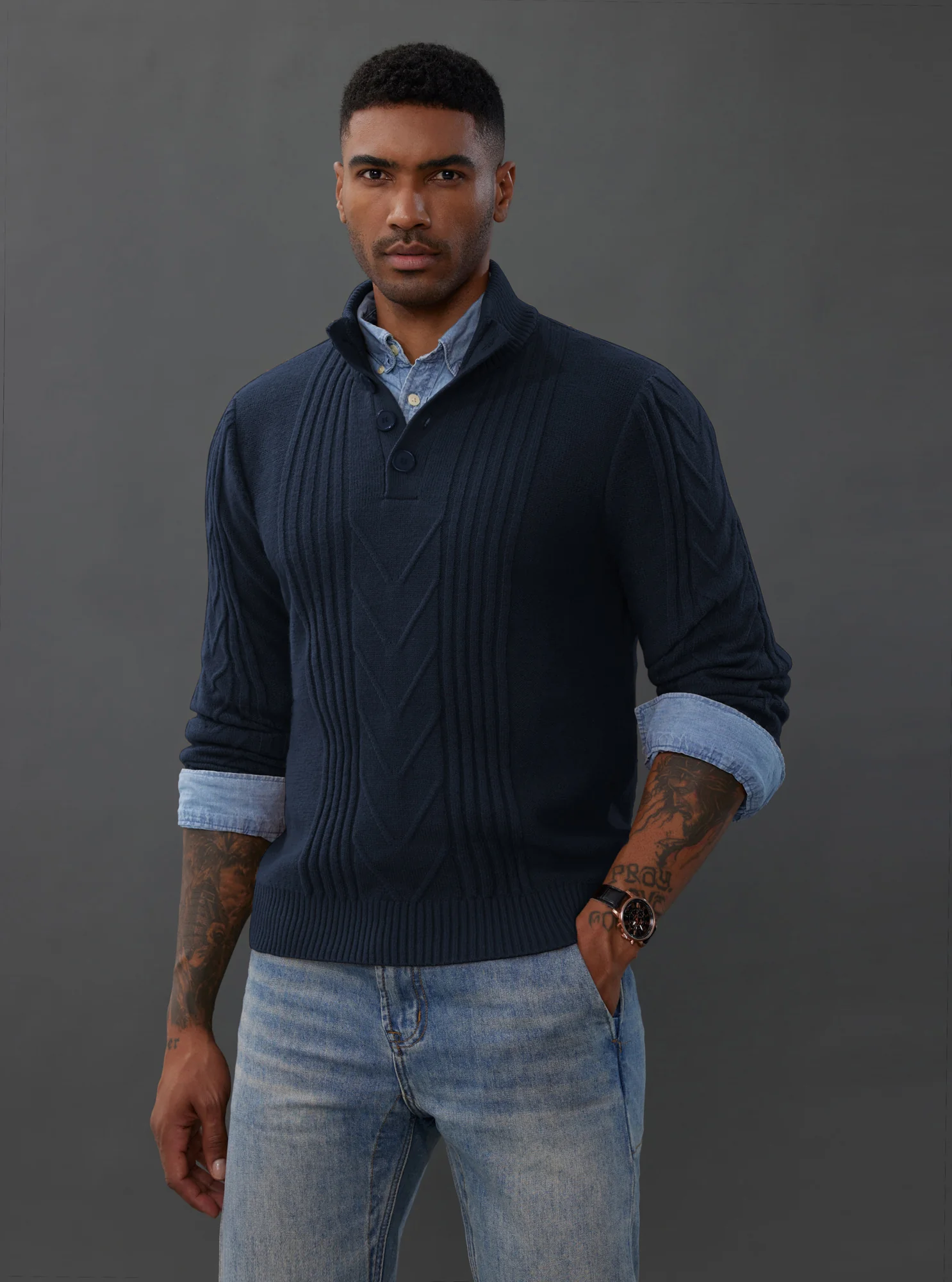 Men's Cable Knit Henley Pullover Sweater Thermal Jumper Sweaters - Image 30