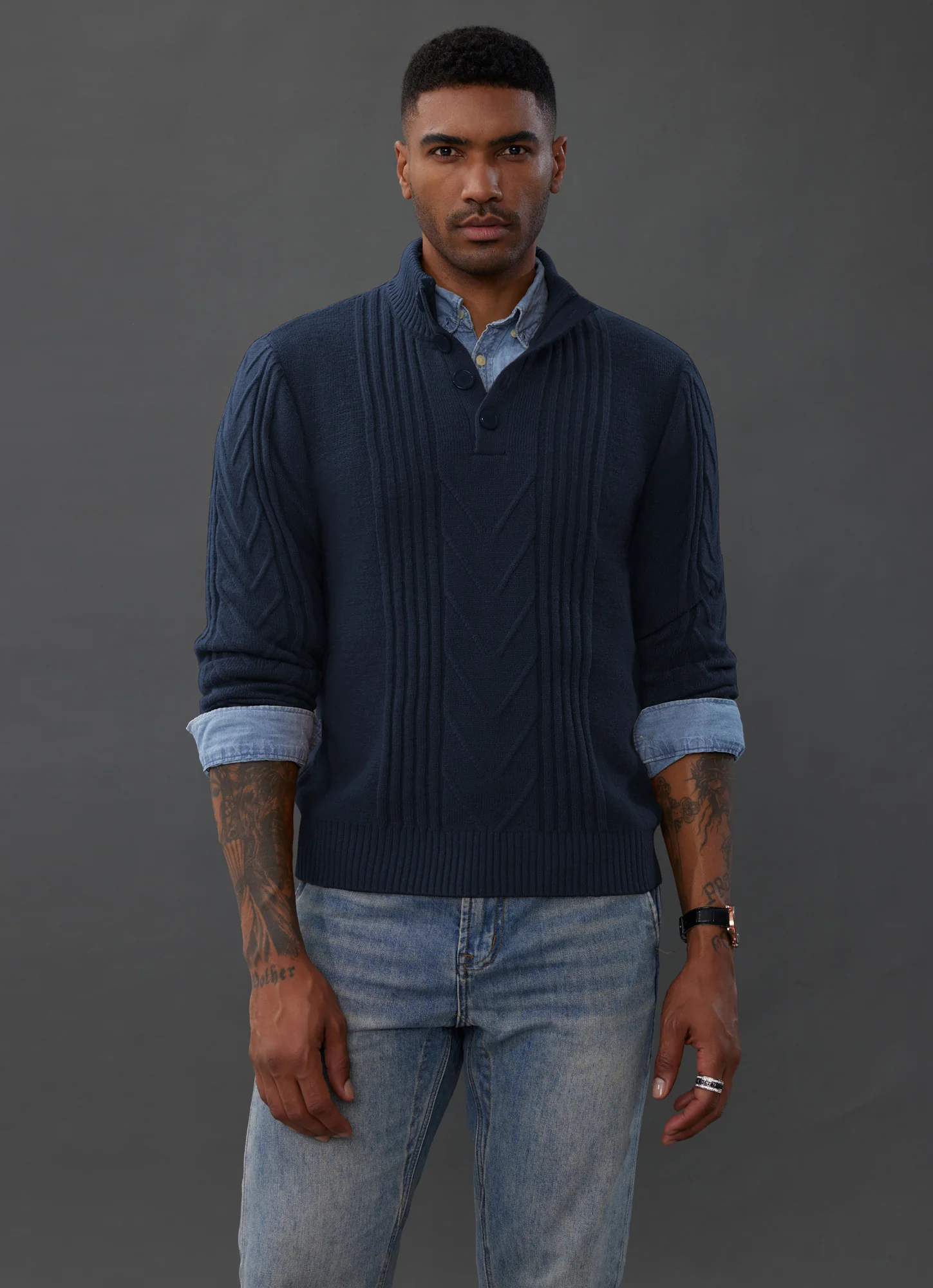 Men's Cable Knit Henley Pullover Sweater Thermal Jumper Sweaters - Image 32