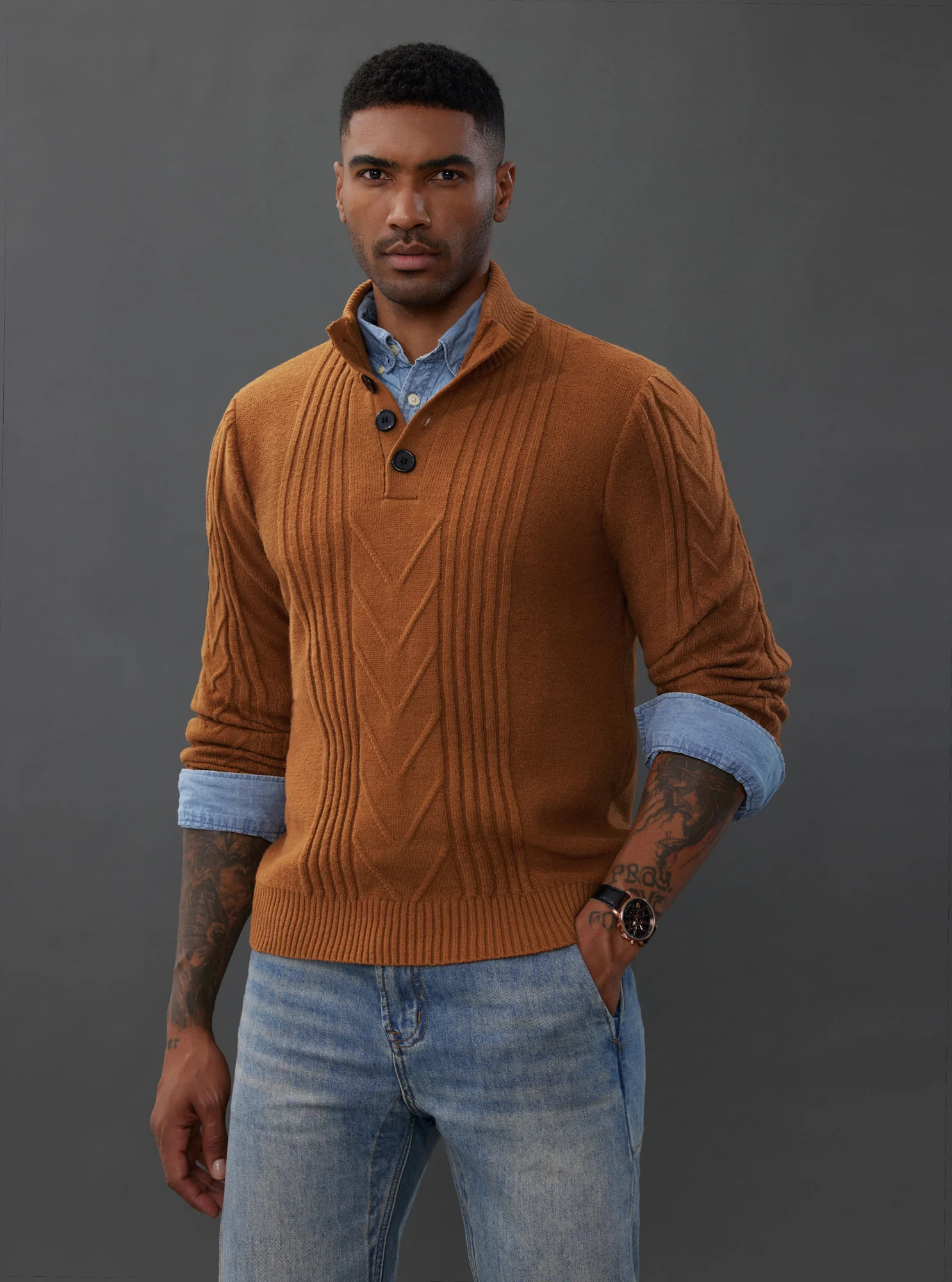 Men's Cable Knit Henley Pullover Sweater Thermal Jumper Sweaters - Image 5