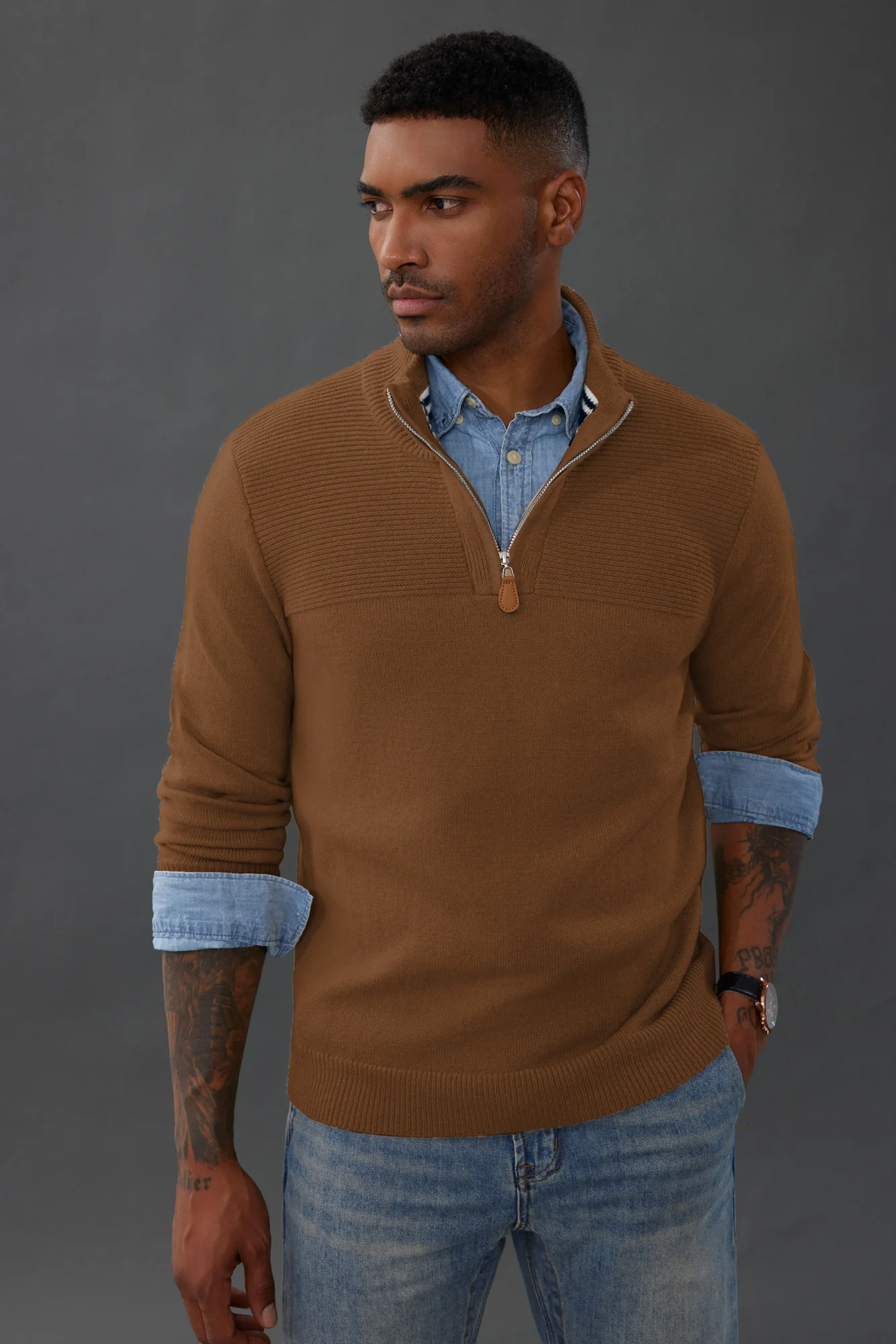Men's Quarter Zip Sweater Slim Fit Casual Pullover Sweater Mock Neck Polo Sweaters - Image 30
