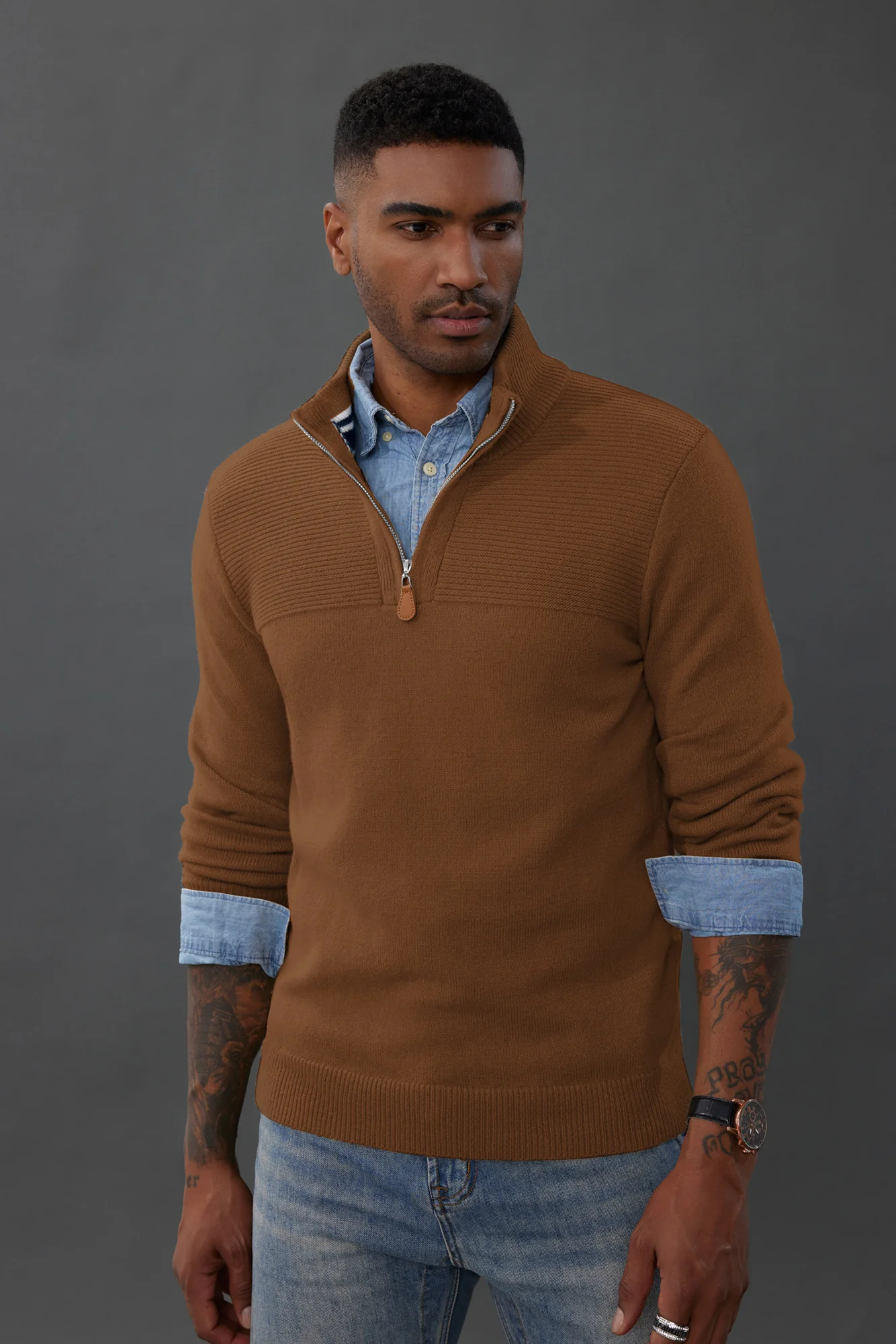 Men's Quarter Zip Sweater Slim Fit Casual Pullover Sweater Mock Neck Polo Sweaters - Image 31