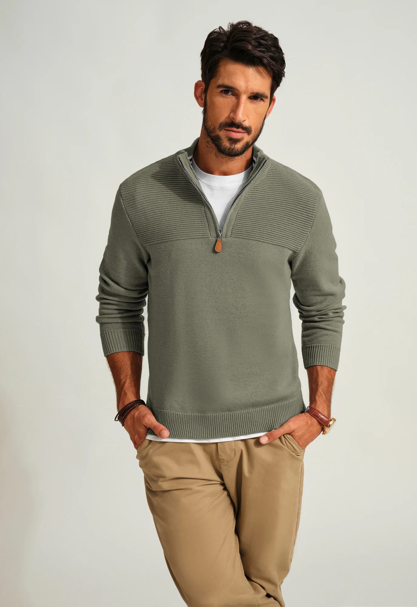 Men's Quarter Zip Sweater Slim Fit Casual Pullover Sweater Mock Neck Polo Sweaters - Image 42