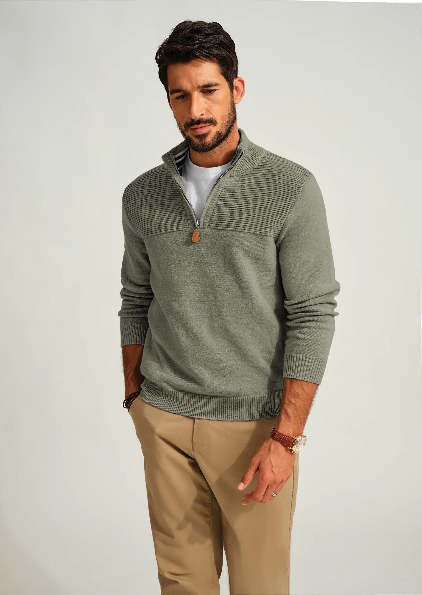 Men's Quarter Zip Sweater Slim Fit Casual Pullover Sweater Mock Neck Polo Sweaters - Image 44