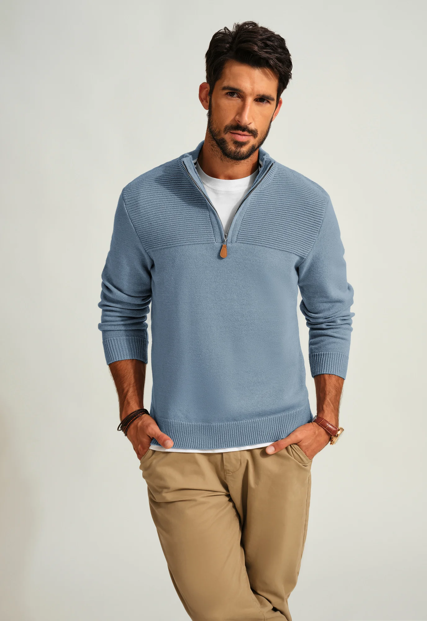 Men's Quarter Zip Sweater Slim Fit Casual Pullover Sweater Mock Neck Polo Sweaters - Image 48