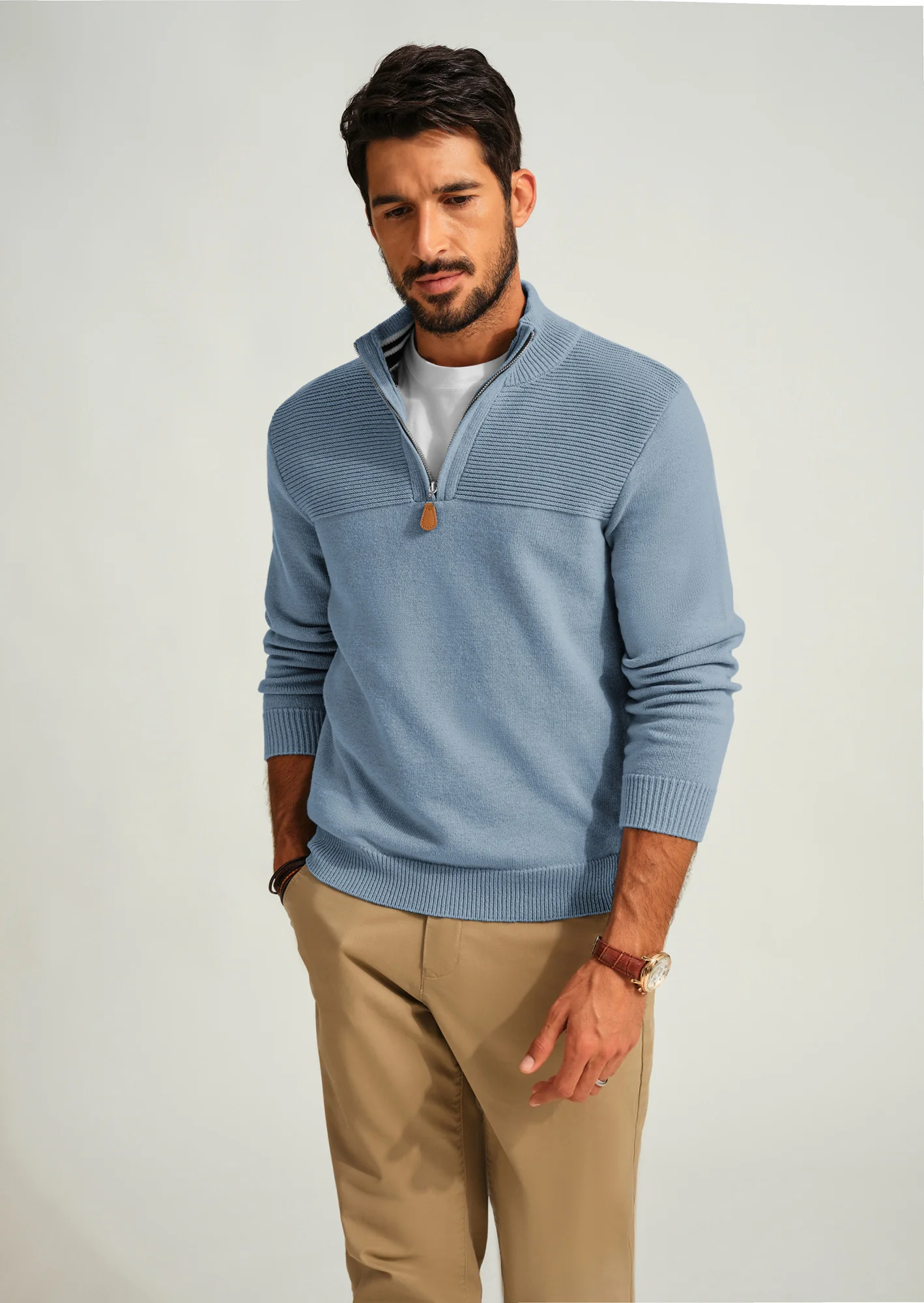 Men's Quarter Zip Sweater Slim Fit Casual Pullover Sweater Mock Neck Polo Sweaters - Image 50