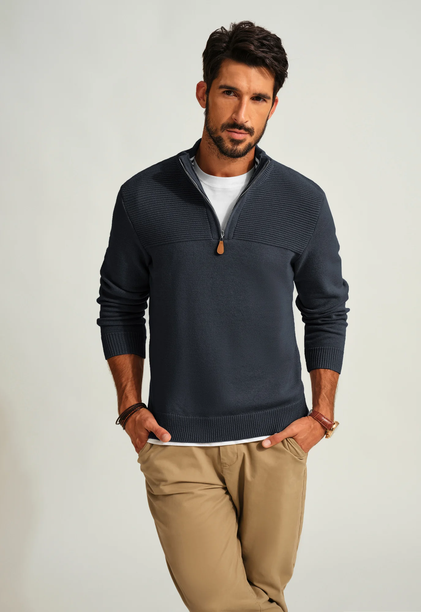 Men's Quarter Zip Sweater Slim Fit Casual Pullover Sweater Mock Neck Polo Sweaters - Image 54