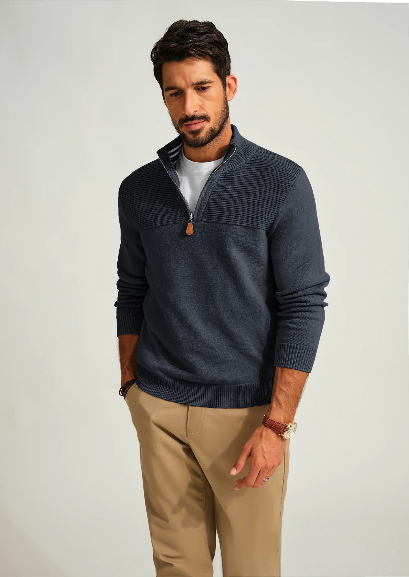 Men's Quarter Zip Sweater Slim Fit Casual Pullover Sweater Mock Neck Polo Sweaters - Image 56