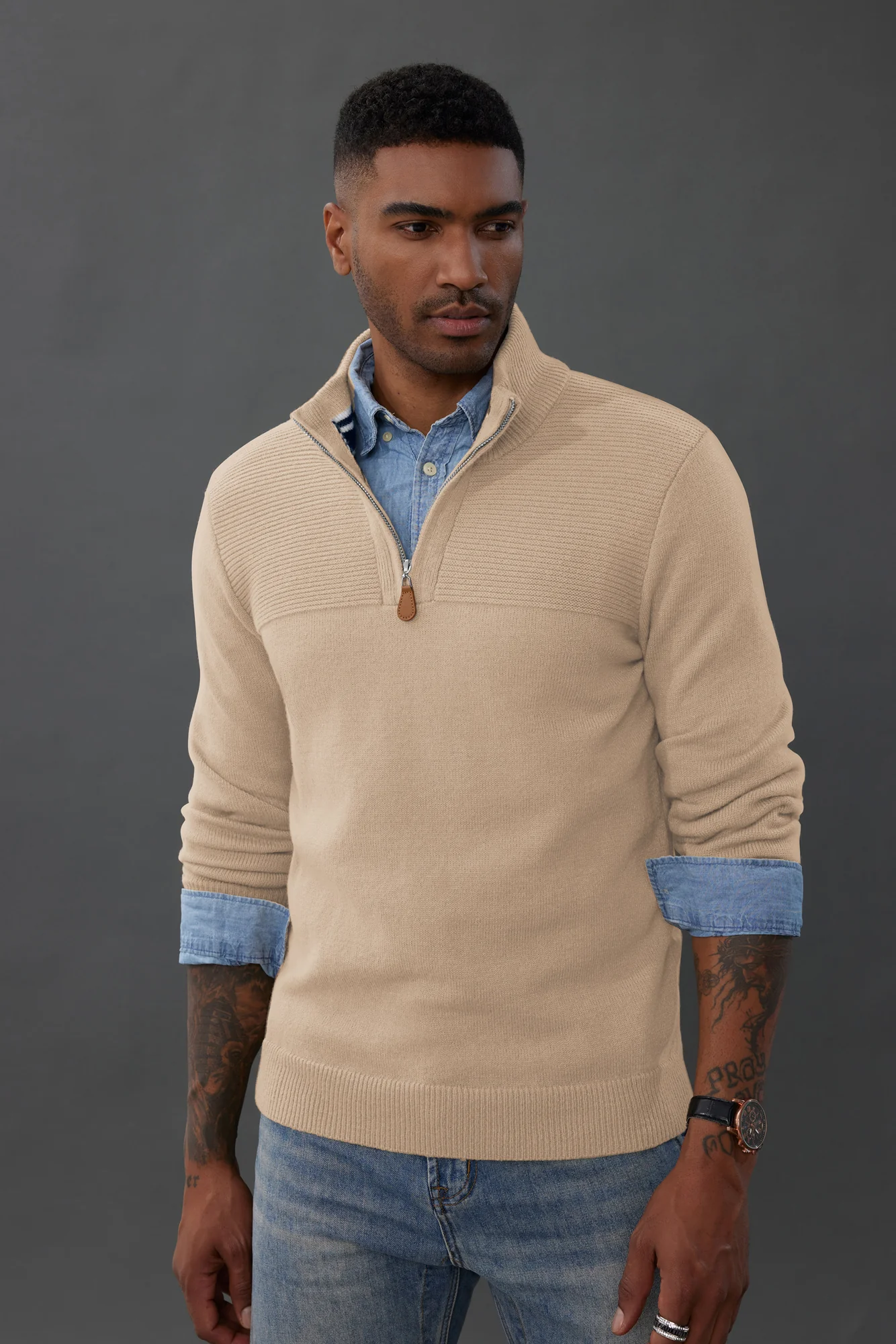 Men's Quarter Zip Sweater Slim Fit Casual Pullover Sweater Mock Neck Polo Sweaters - Image 65