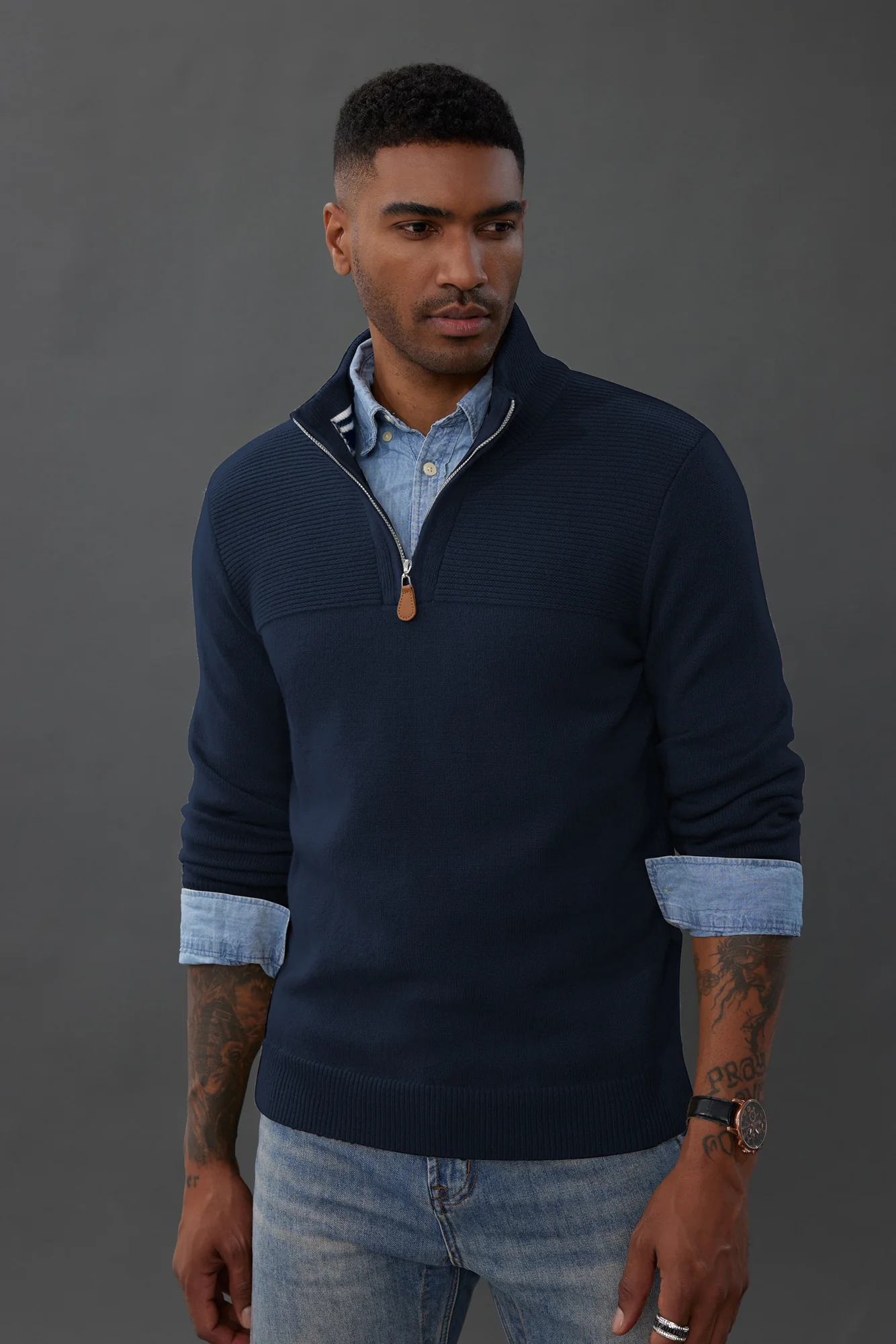 Men's Quarter Zip Sweater Slim Fit Casual Pullover Sweater Mock Neck Polo Sweaters - Image 70