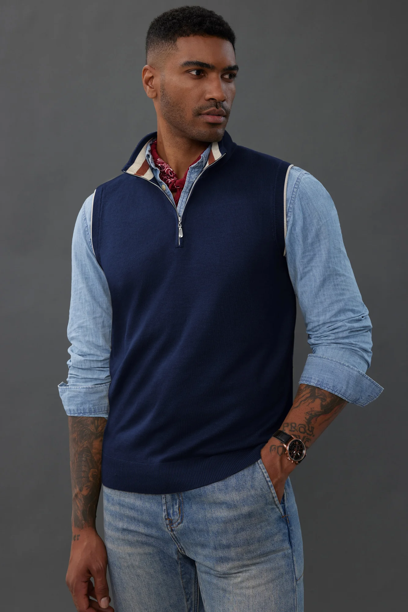 Men Stand Collar Sweater Vest Sleeveless Zip-up Neck Pullover Knitwear - Image 10
