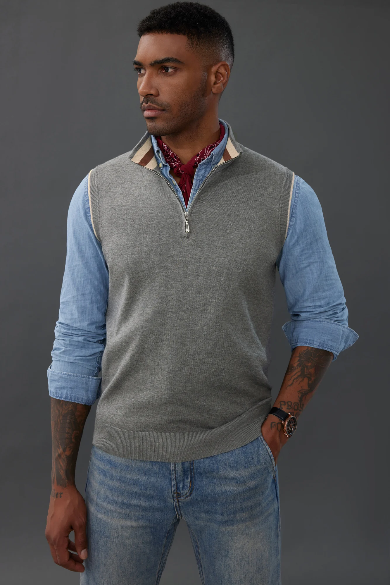 Men Stand Collar Sweater Vest Sleeveless Zip-up Neck Pullover Knitwear - Image 16