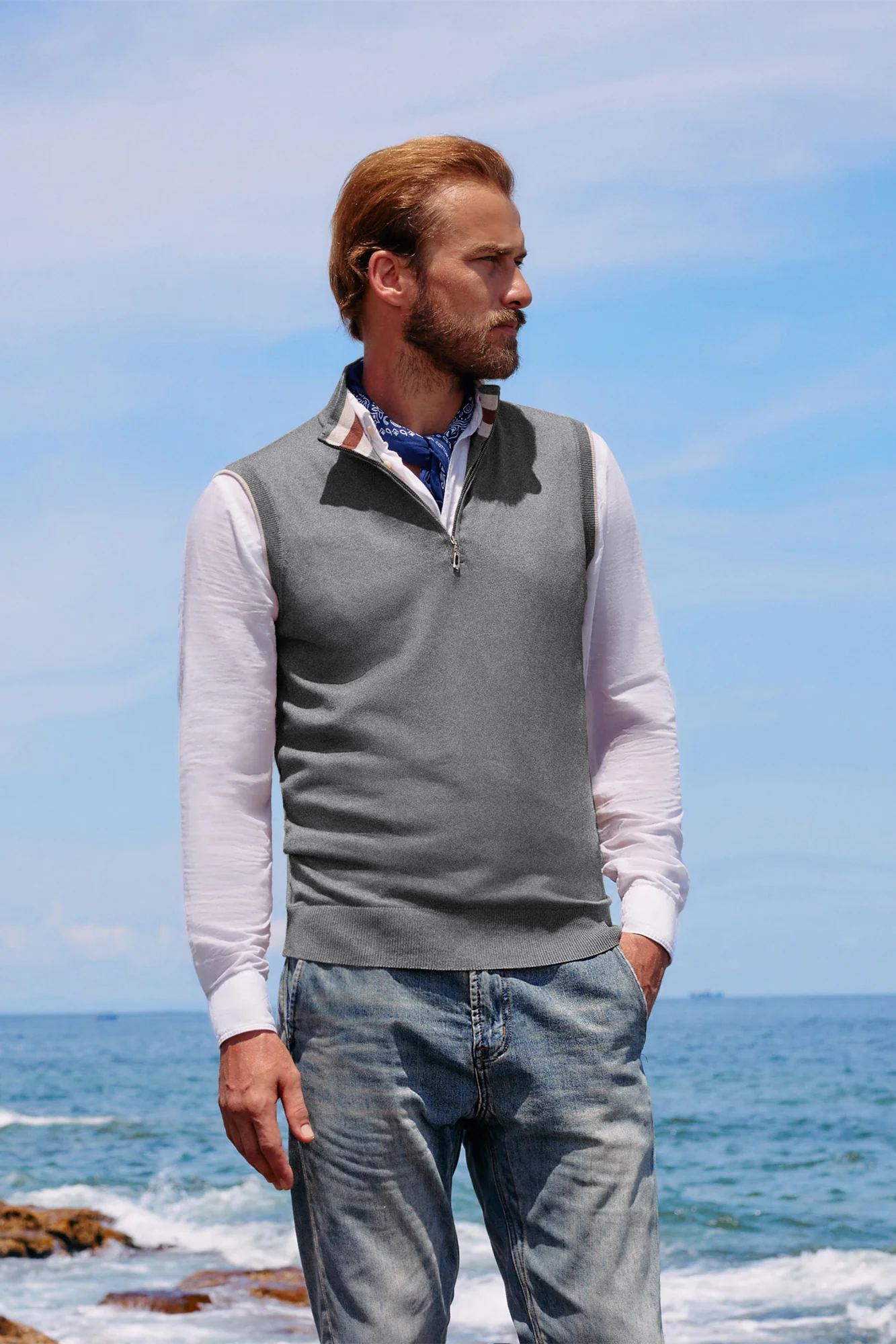 Men Stand Collar Sweater Vest Sleeveless Zip-up Neck Pullover Knitwear - Image 17