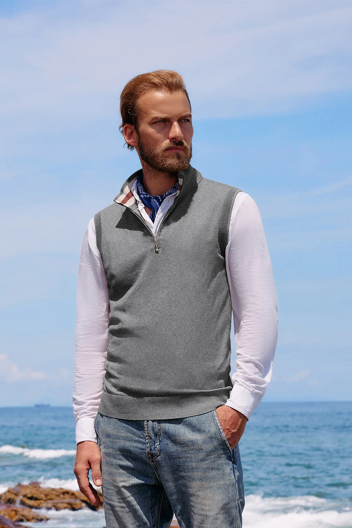 Men Stand Collar Sweater Vest Sleeveless Zip-up Neck Pullover Knitwear - Image 18