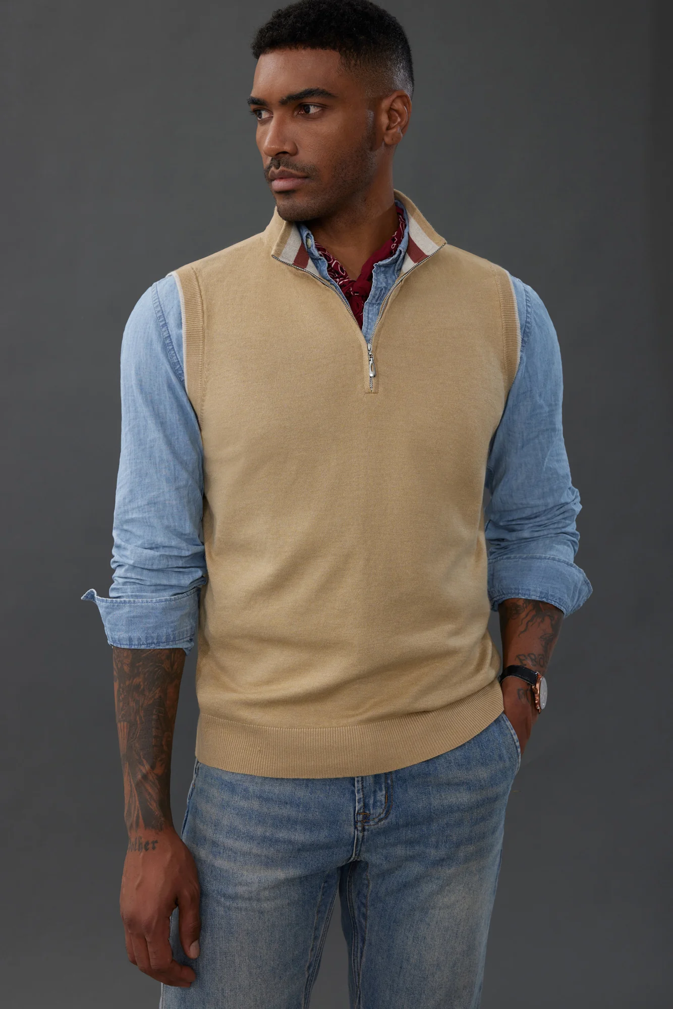 Men Stand Collar Sweater Vest Sleeveless Zip-up Neck Pullover Knitwear - Image 21