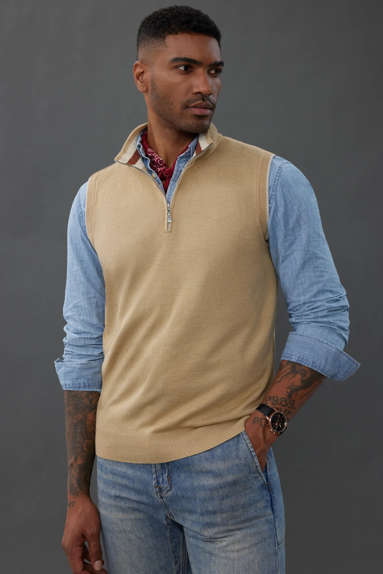 Men Stand Collar Sweater Vest Sleeveless Zip-up Neck Pullover Knitwear - Image 22