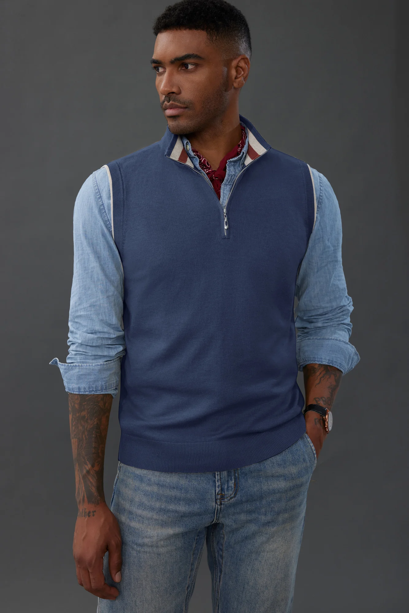 Men Stand Collar Sweater Vest Sleeveless Zip-up Neck Pullover Knitwear - Image 28