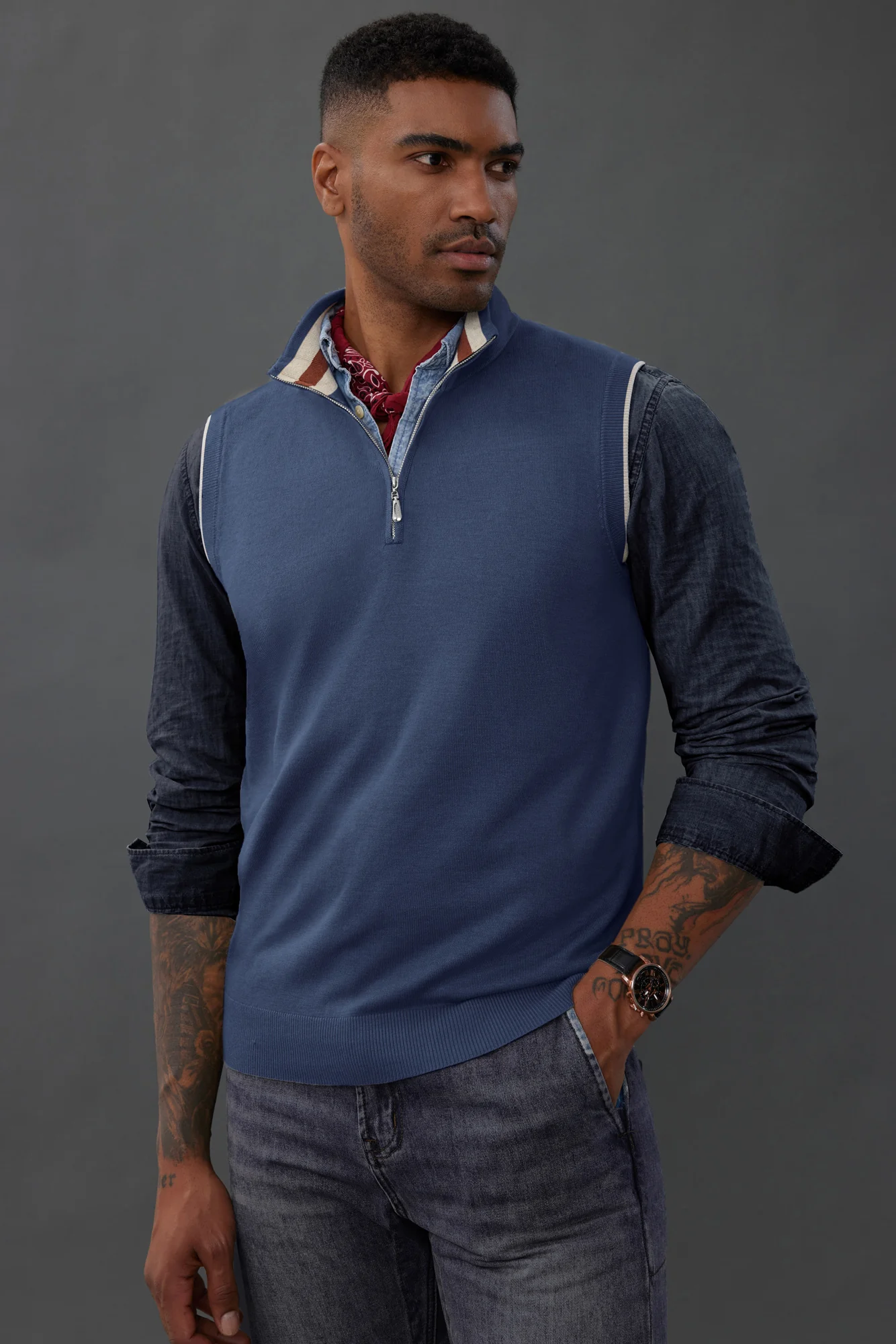 Men Stand Collar Sweater Vest Sleeveless Zip-up Neck Pullover Knitwear - Image 31