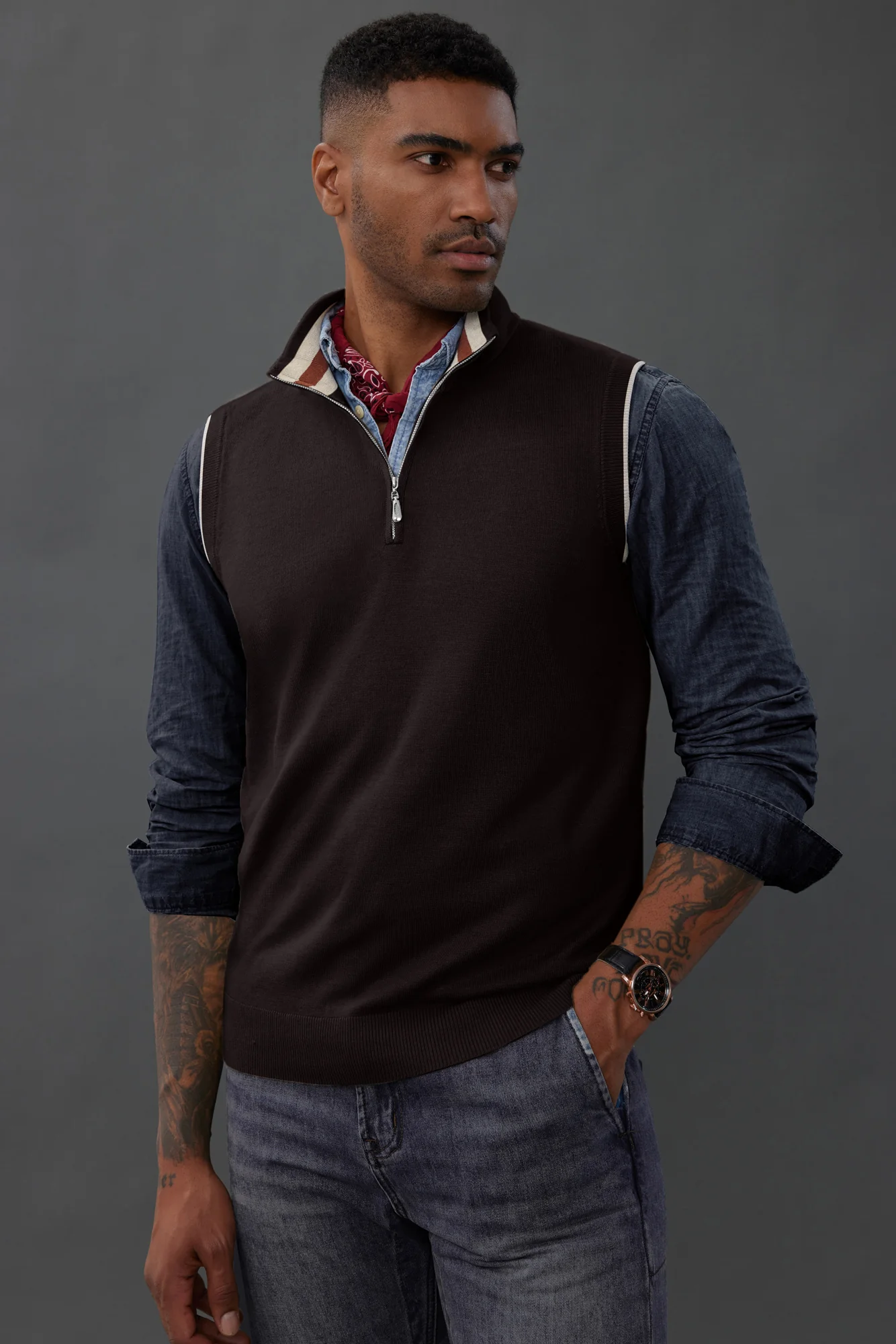 Men Stand Collar Sweater Vest Sleeveless Zip-up Neck Pullover Knitwear - Image 35