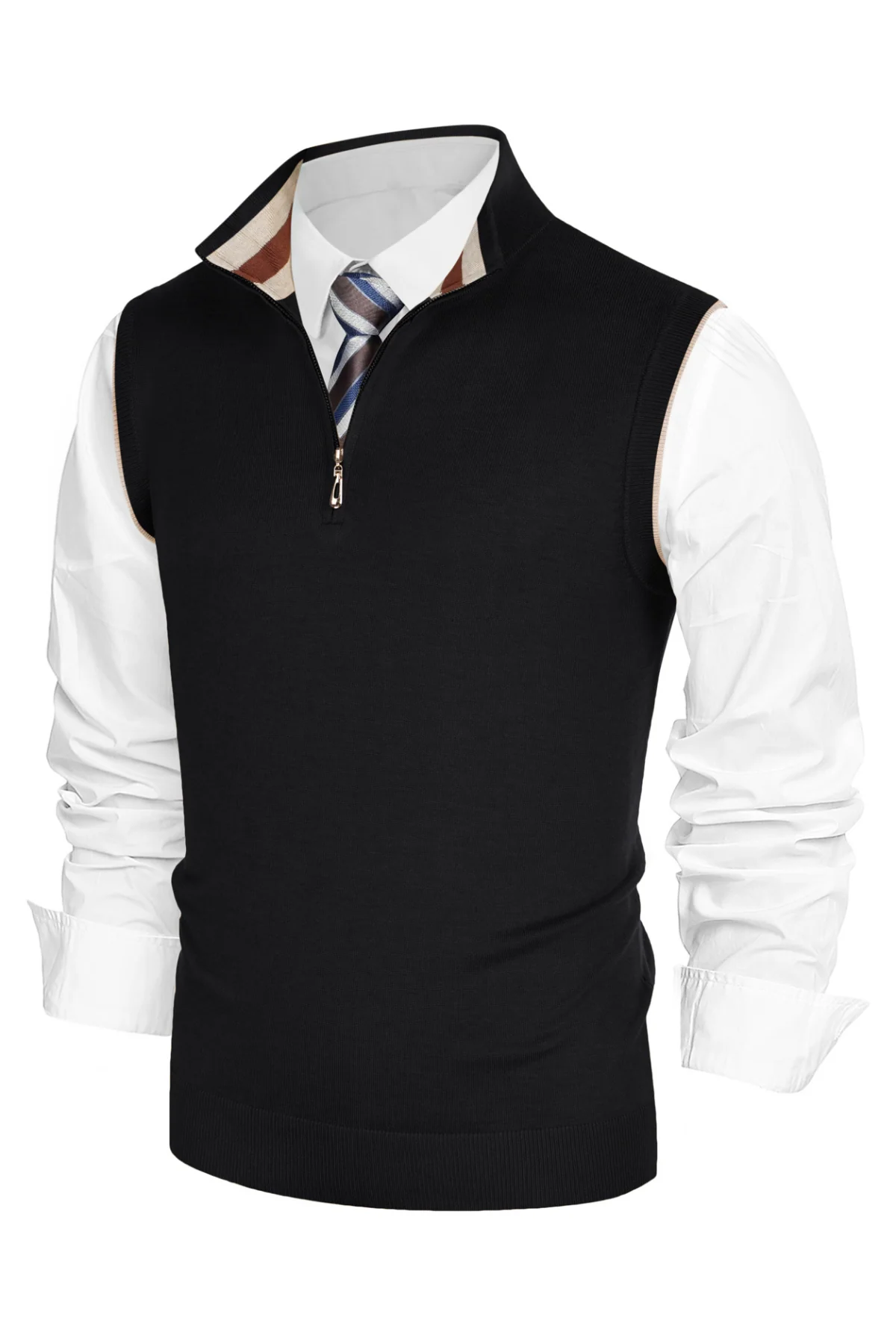 Men Stand Collar Sweater Vest Sleeveless Zip-up Neck Pullover Knitwear - Image 4