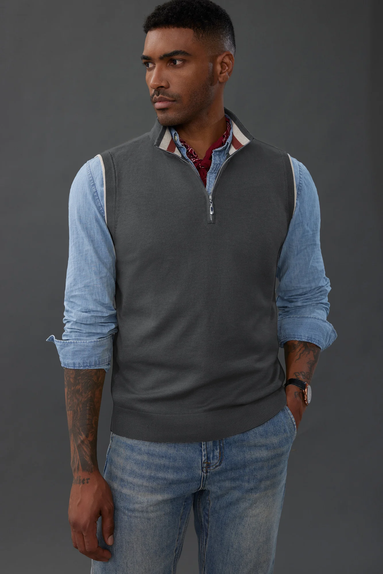 Men Stand Collar Sweater Vest Sleeveless Zip-up Neck Pullover Knitwear - Image 41
