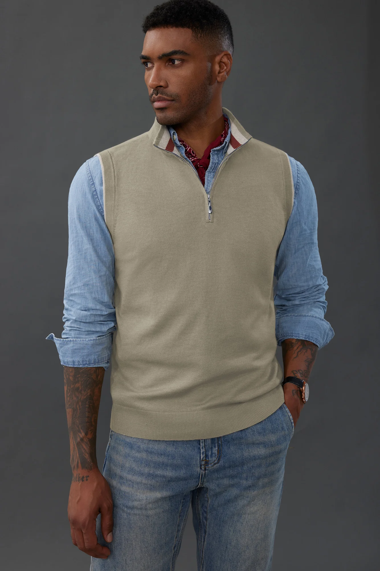 Men Stand Collar Sweater Vest Sleeveless Zip-up Neck Pullover Knitwear - Image 43