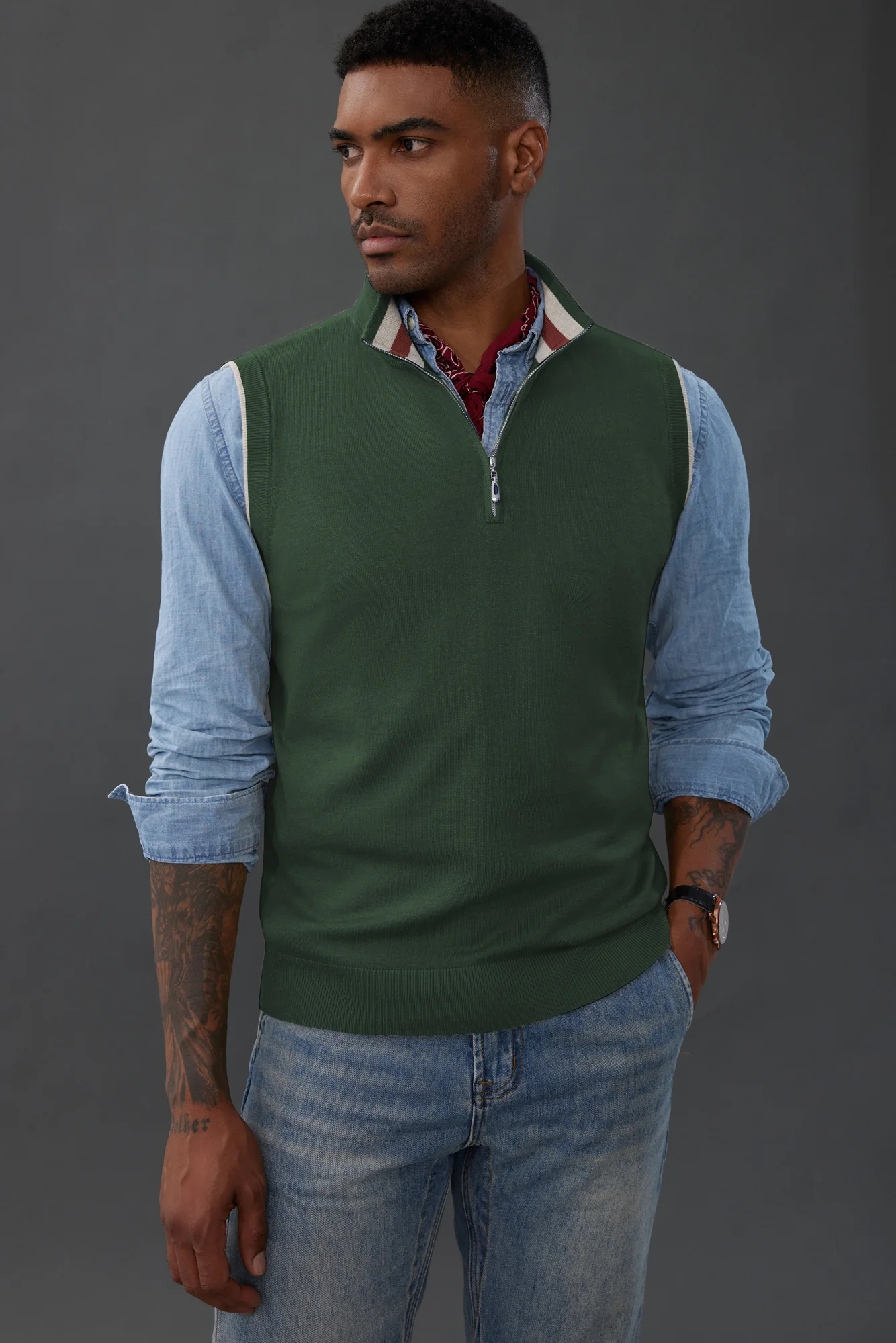 Men Stand Collar Sweater Vest Sleeveless Zip-up Neck Pullover Knitwear - Image 47