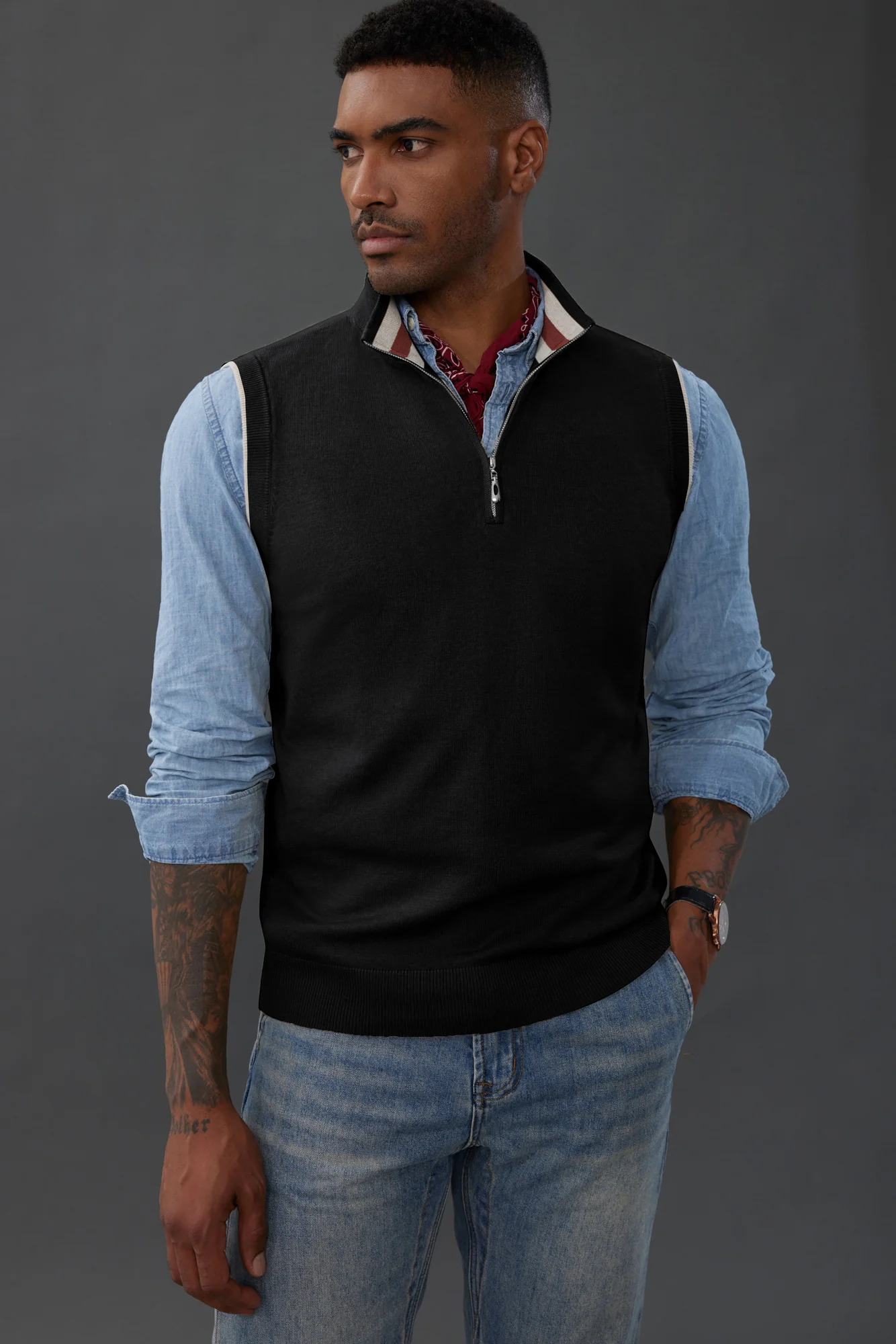 Men Stand Collar Sweater Vest Sleeveless Zip-up Neck Pullover Knitwear - Image 5
