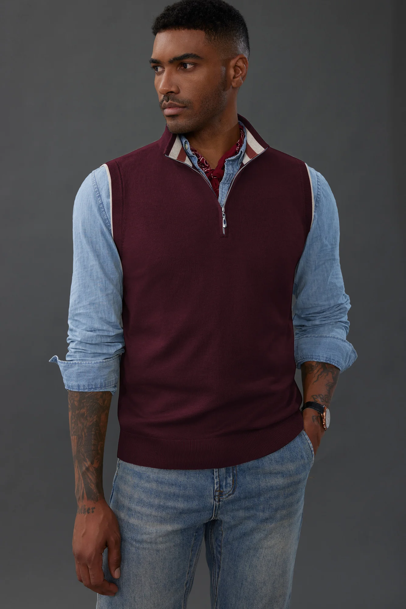 Men Stand Collar Sweater Vest Sleeveless Zip-up Neck Pullover Knitwear - Image 51