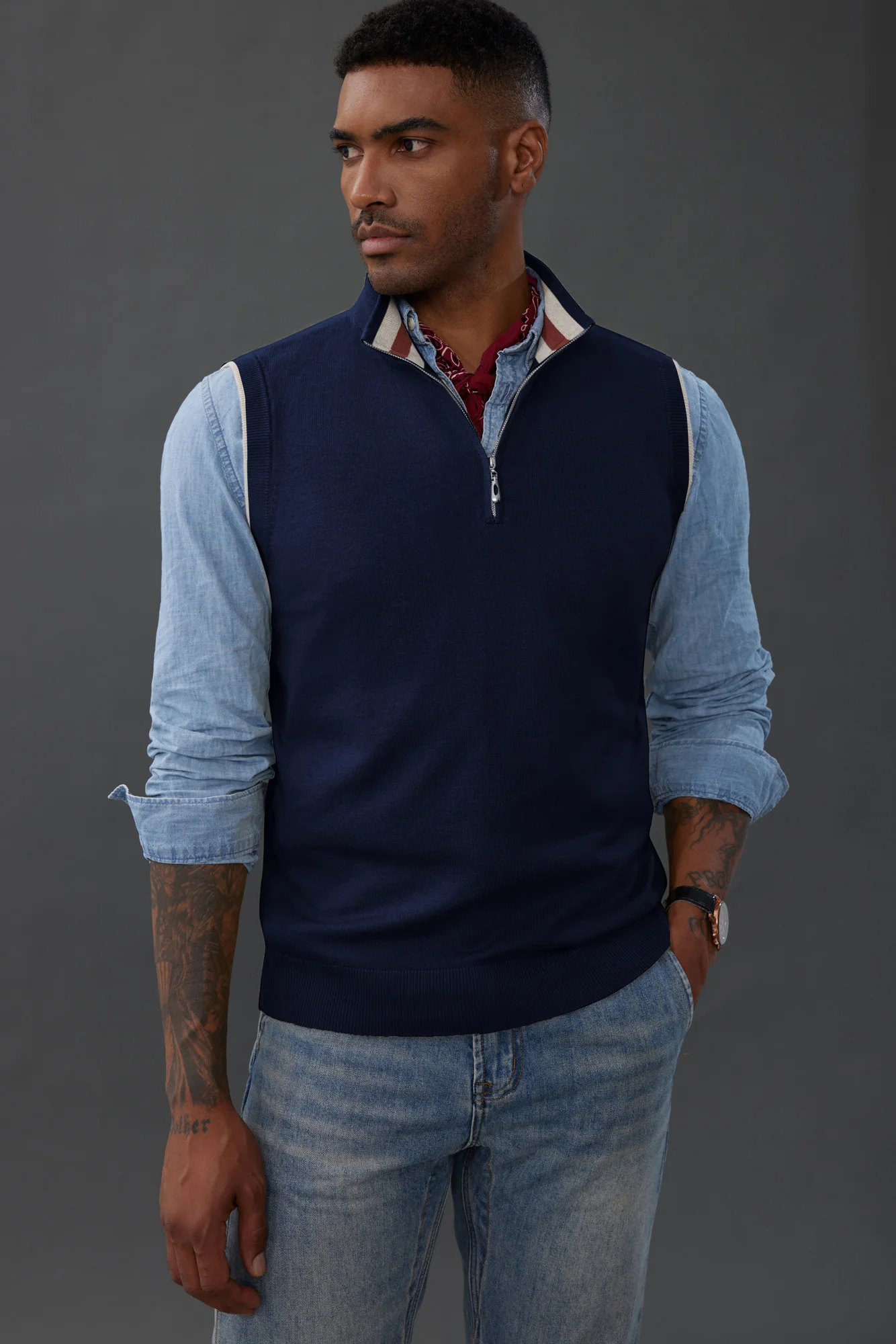 Men Stand Collar Sweater Vest Sleeveless Zip-up Neck Pullover Knitwear - Image 6