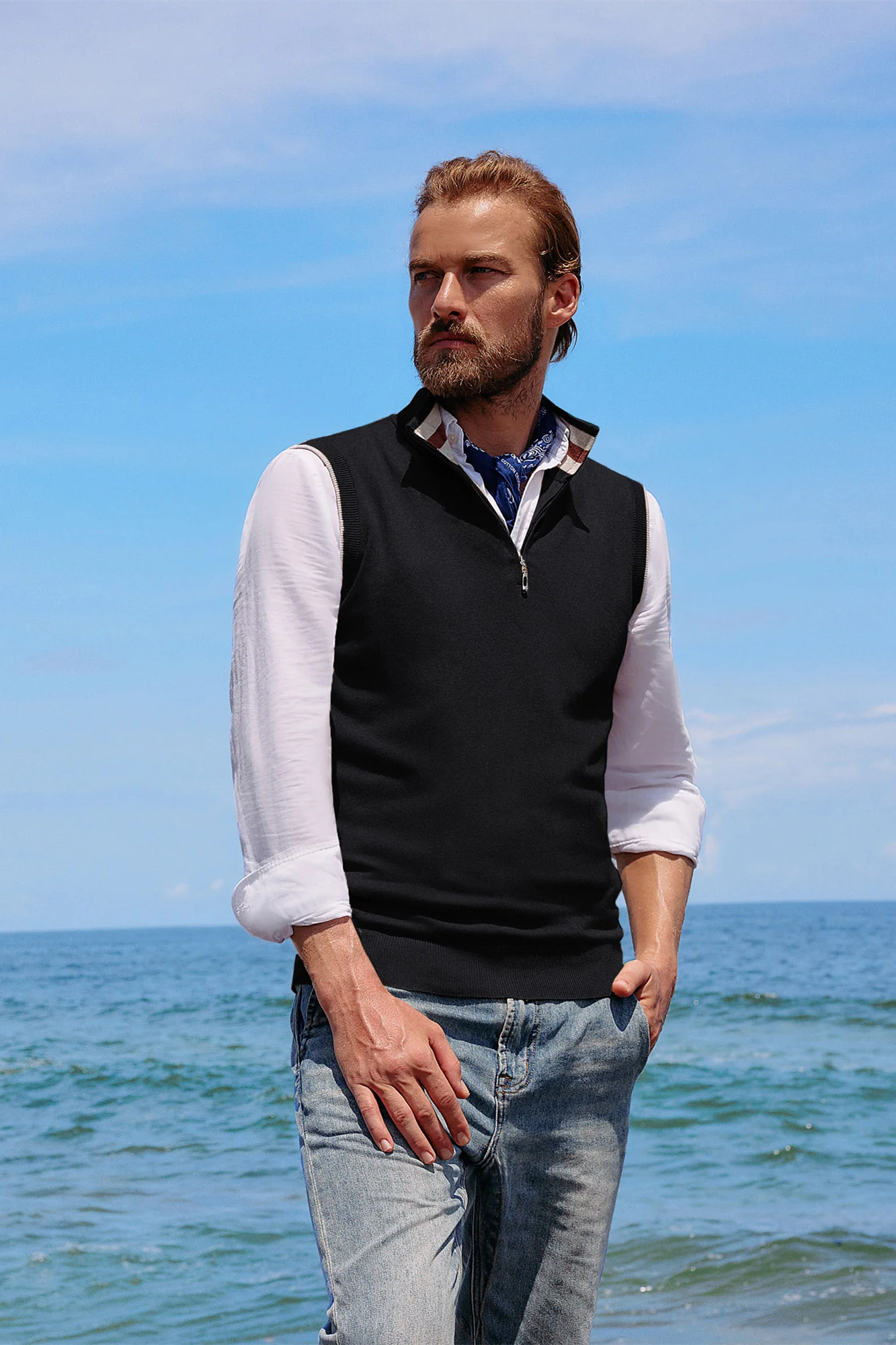 Men Stand Collar Sweater Vest Sleeveless Zip-up Neck Pullover Knitwear - Image 7