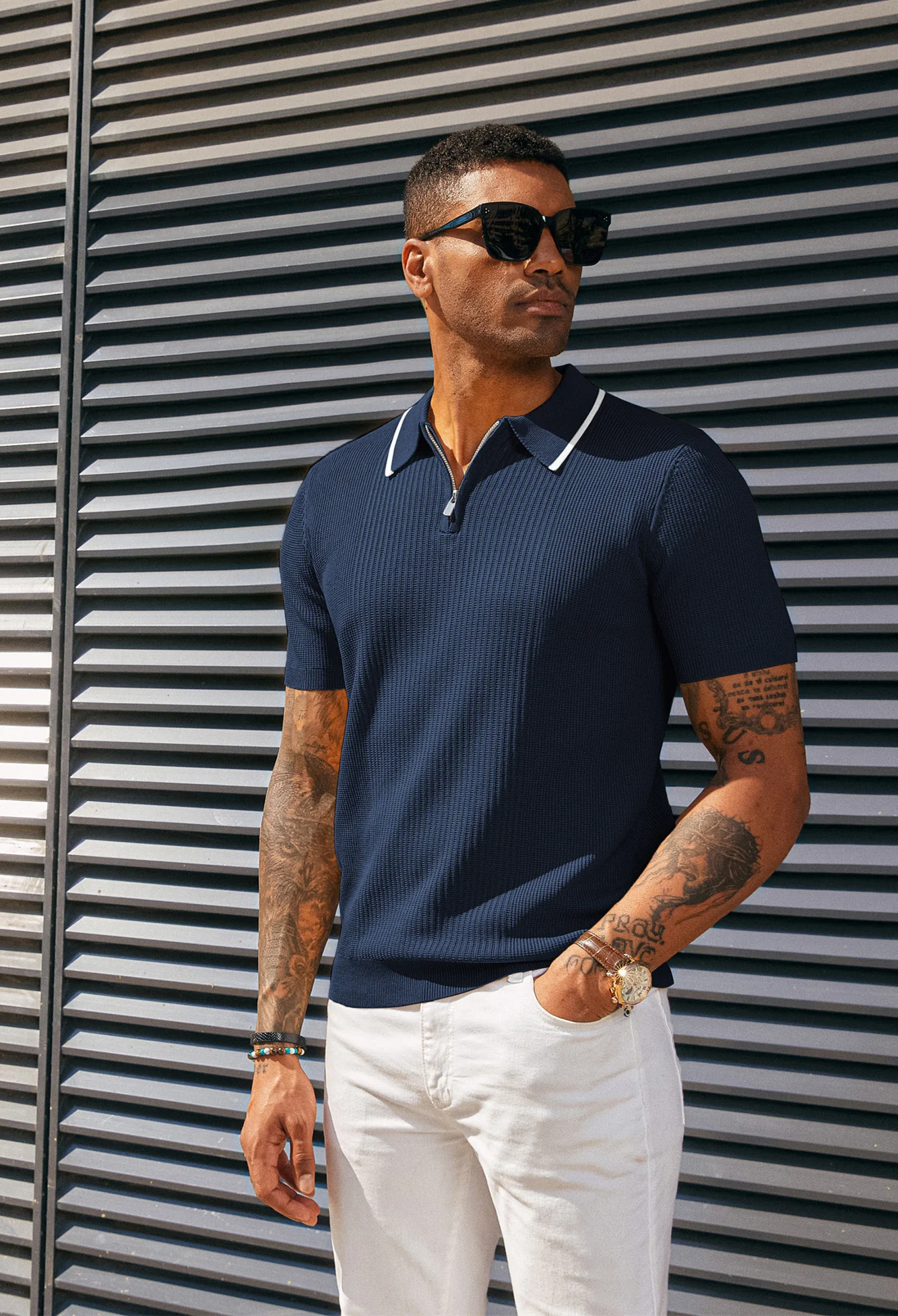 Men Stylish Lapel Collar Knitted Polo-Shirt Short Sleeve Zip-up Neck Knitwear - Image 10