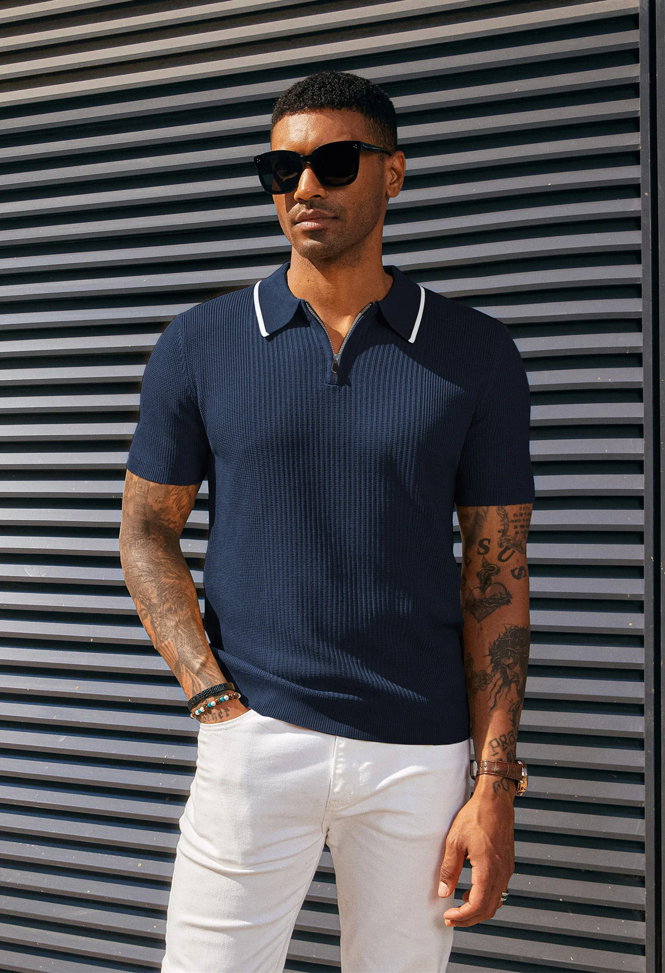 Men Stylish Lapel Collar Knitted Polo-Shirt Short Sleeve Zip-up Neck Knitwear - Image 11