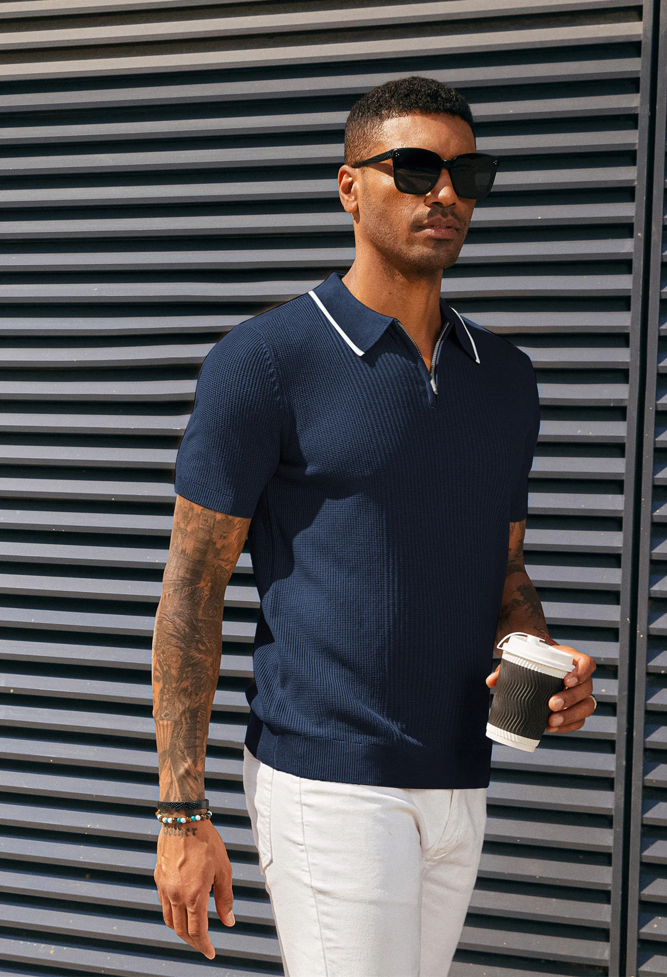 Men Stylish Lapel Collar Knitted Polo-Shirt Short Sleeve Zip-up Neck Knitwear - Image 12
