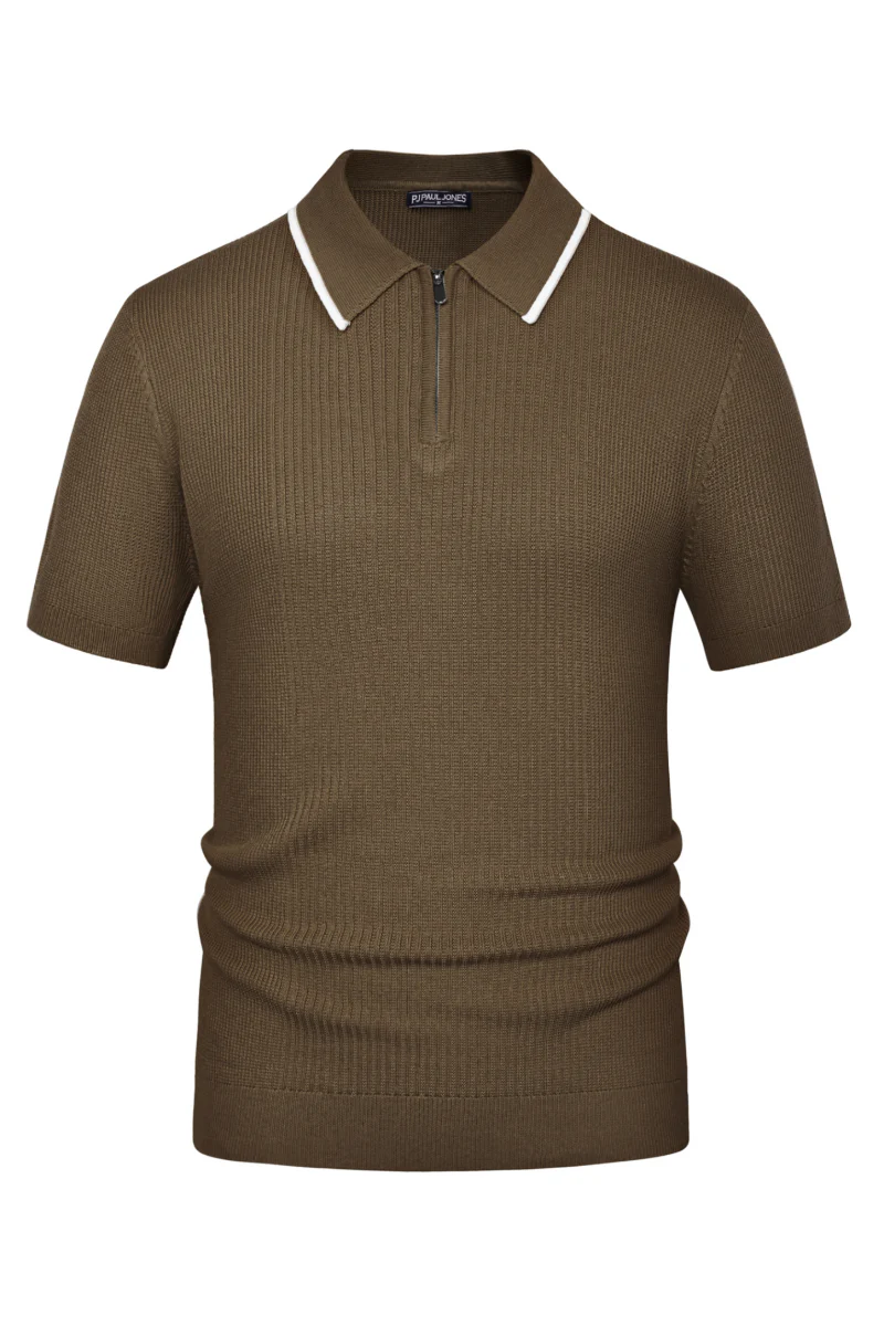 Men Stylish Lapel Collar Knitted Polo-Shirt Short Sleeve Zip-up Neck Knitwear - Image 13