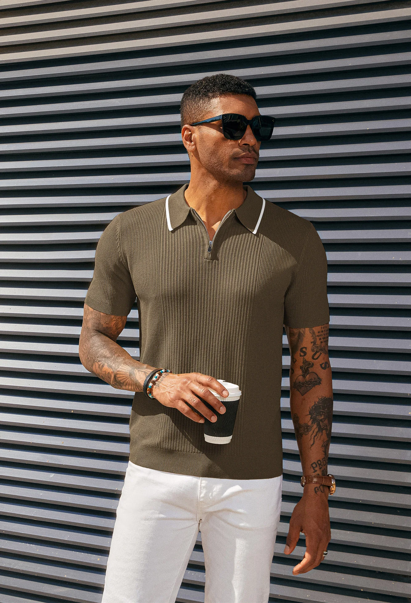 Men Stylish Lapel Collar Knitted Polo-Shirt Short Sleeve Zip-up Neck Knitwear - Image 15