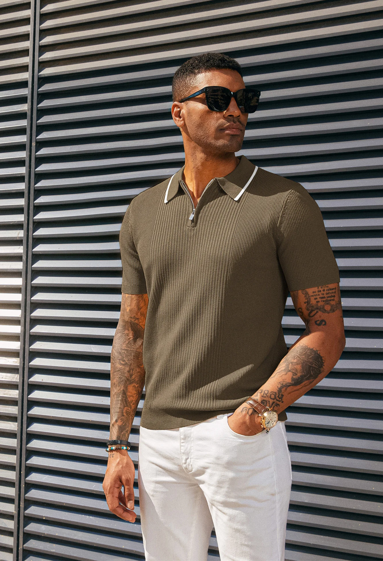 Men Stylish Lapel Collar Knitted Polo-Shirt Short Sleeve Zip-up Neck Knitwear - Image 16