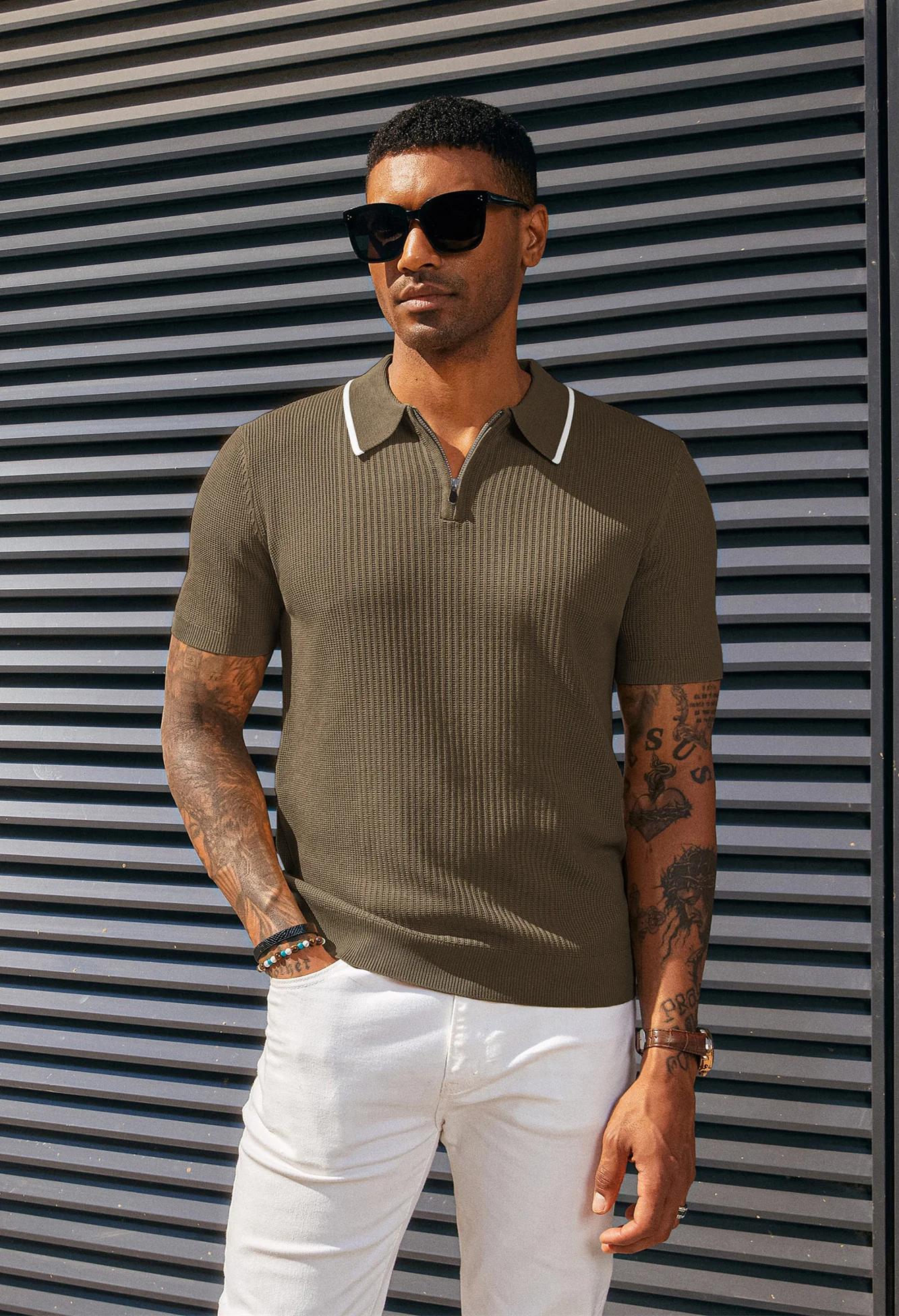 Men Stylish Lapel Collar Knitted Polo-Shirt Short Sleeve Zip-up Neck Knitwear - Image 17