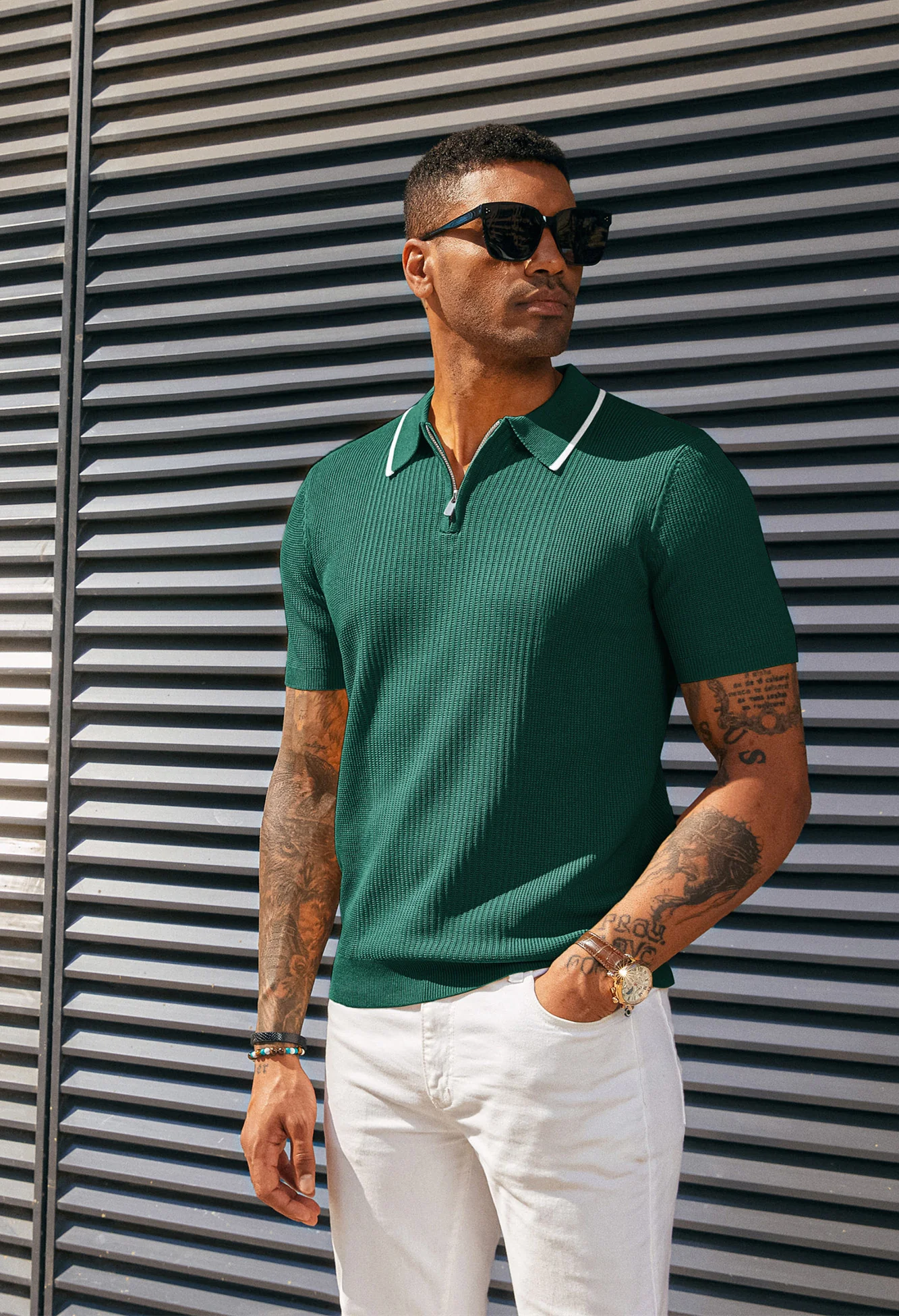 Men Stylish Lapel Collar Knitted Polo-Shirt Short Sleeve Zip-up Neck Knitwear - Image 21