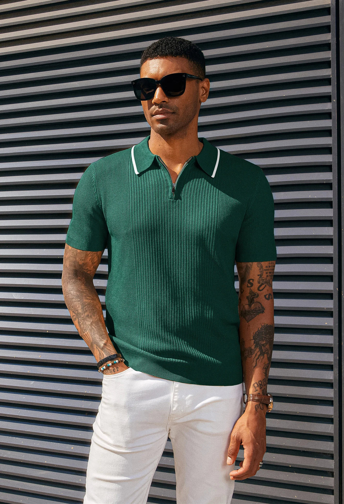 Men Stylish Lapel Collar Knitted Polo-Shirt Short Sleeve Zip-up Neck Knitwear - Image 22