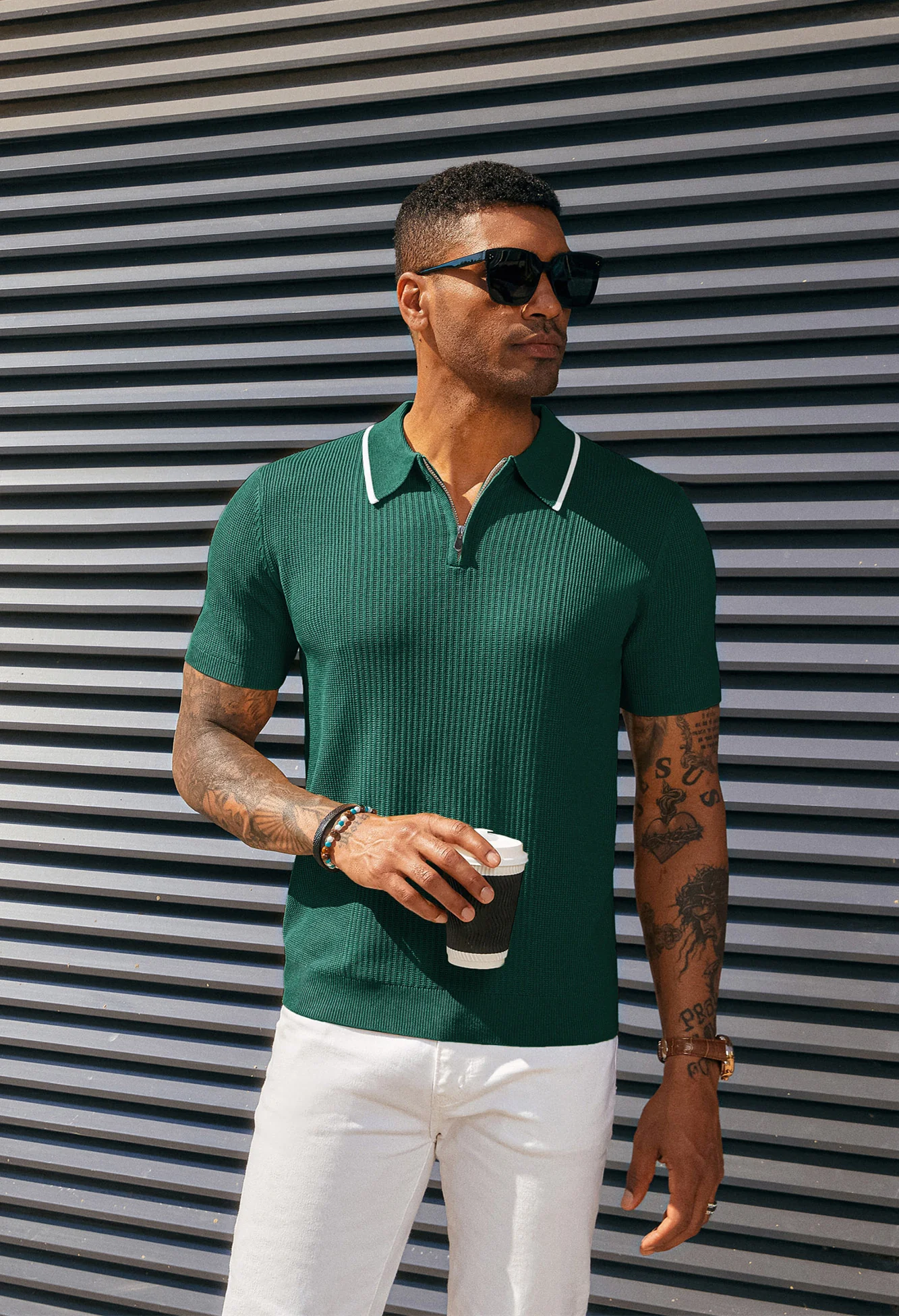 Men Stylish Lapel Collar Knitted Polo-Shirt Short Sleeve Zip-up Neck Knitwear - Image 23