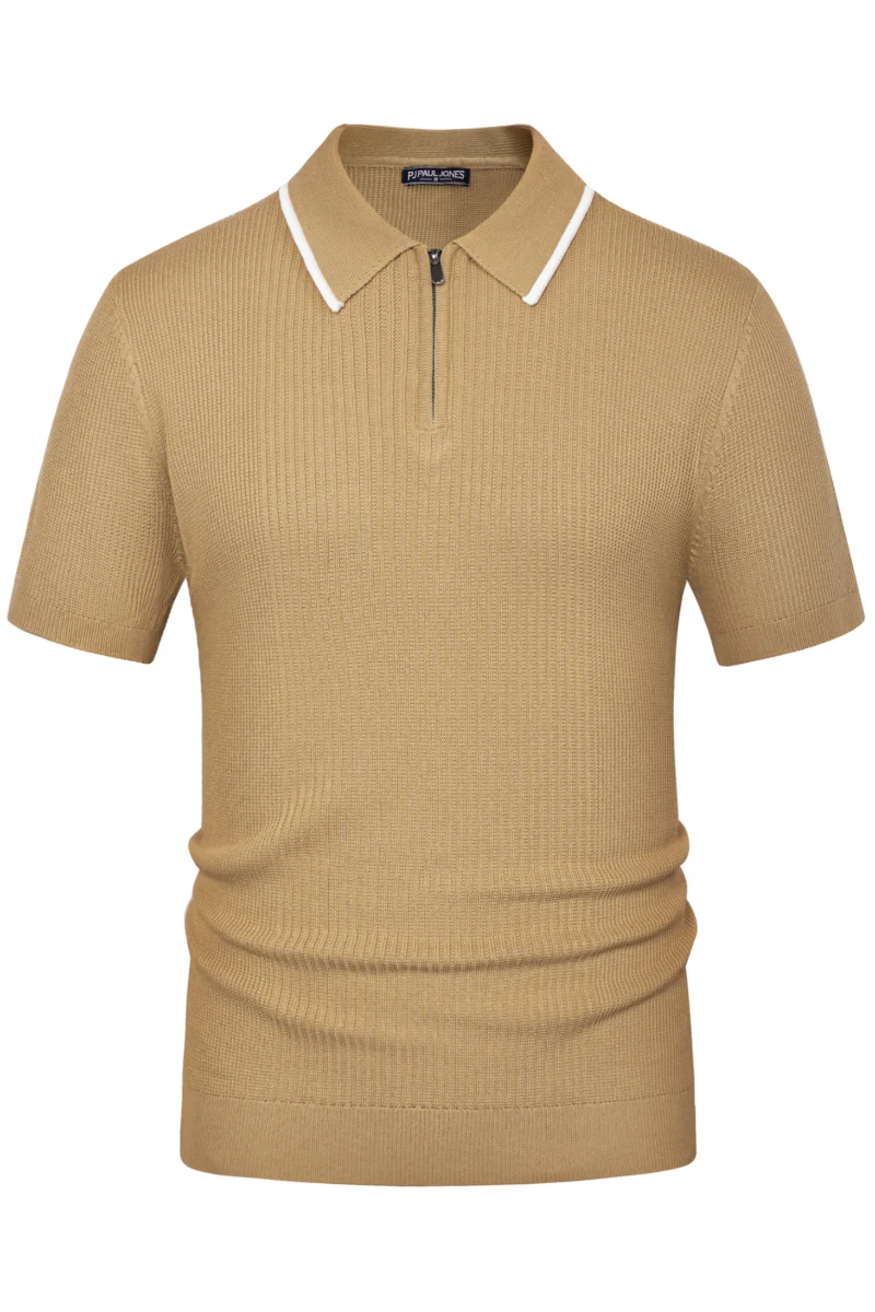 Men Stylish Lapel Collar Knitted Polo-Shirt Short Sleeve Zip-up Neck Knitwear - Image 25